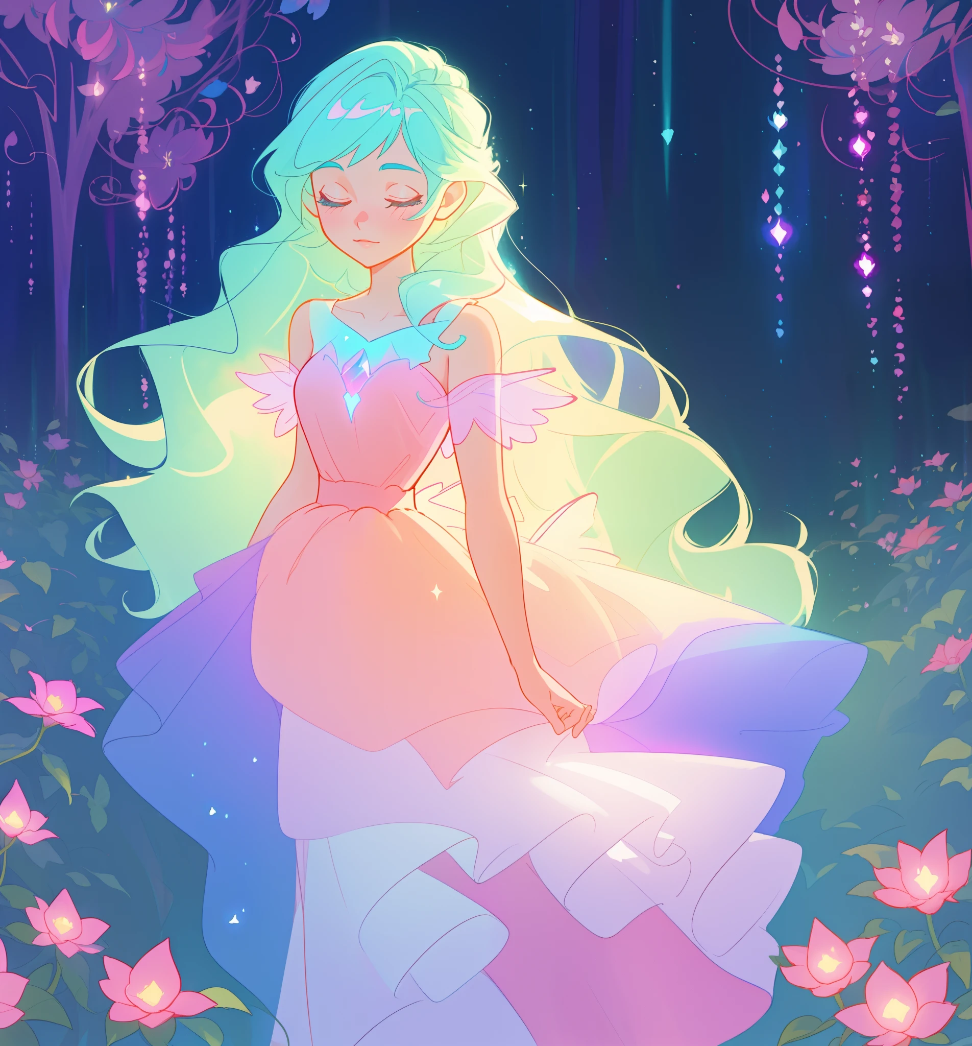 beautiful girl in flowing tiered layered ballgown dress, fairy dress, fairy queen, magical forest background, (glowing fairy wings), glowing flowing ballgown, long wavy hair, sparkling fairy wings, watercolor illustration, flowers and colorful plants, inspired by Glen Keane, inspired by Lois van Baarle, disney art style, by Lois van Baarle, glowing aura around her, by Glen Keane, jen bartel, glowing lights! digital painting, flowing glowing hair, glowing flowing hair, beautiful digital illustration, fantasia otherworldly landscape plants flowers, beautiful, masterpiece, best quality, anime disney style
