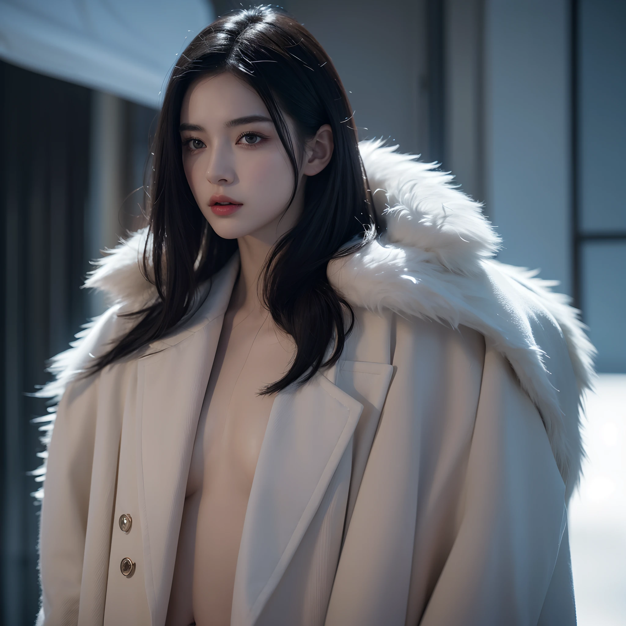 beautiful girl with realistic black eyes, pale skin, mid-length black hair, perfect face, perfect eyes, wearing coat, highly detailed, comprehensive cinematic, digital painting, 8k, cinematic lighting, best quality, highres, detailed work, post-processing, perfect result, hyper realistic
