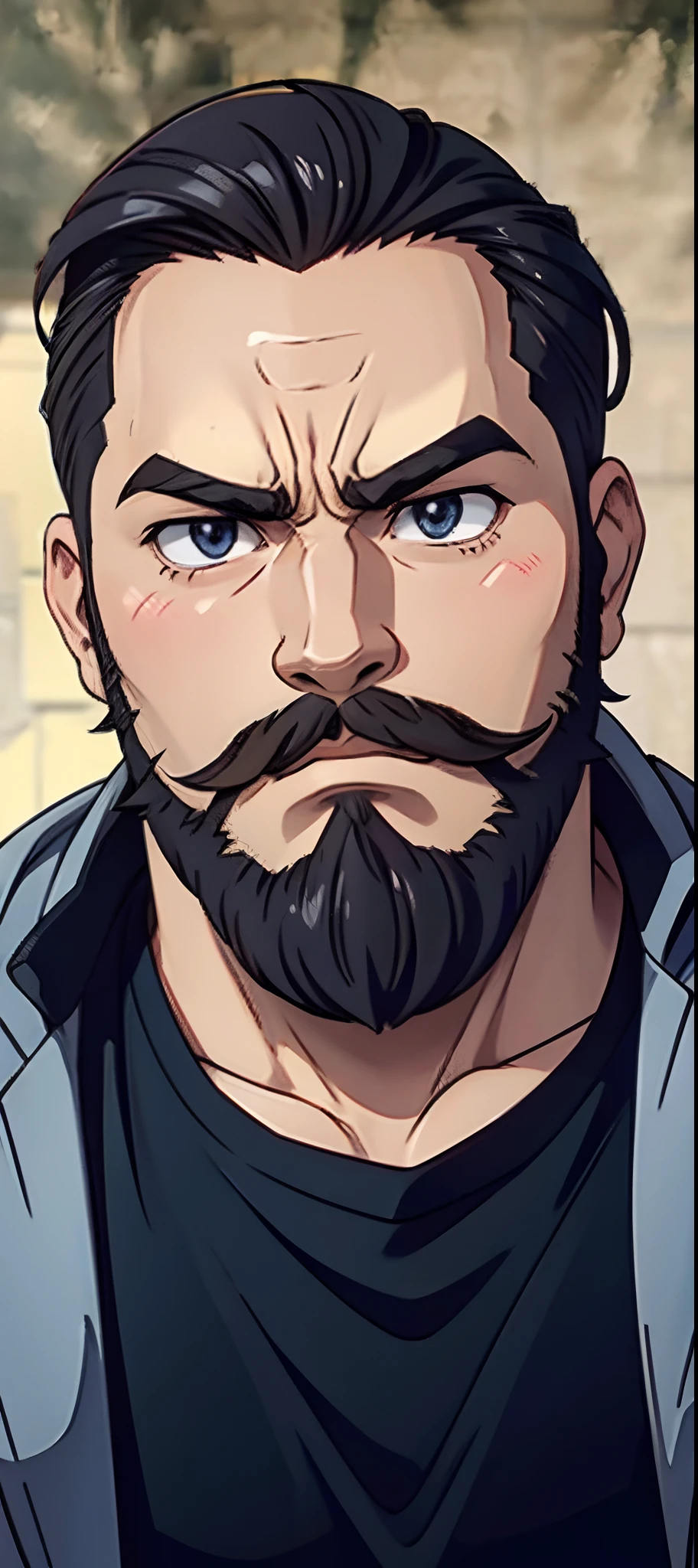 grumpy face, 90s anime, a big men, bearded, slicked back hair, chubby, no moustache