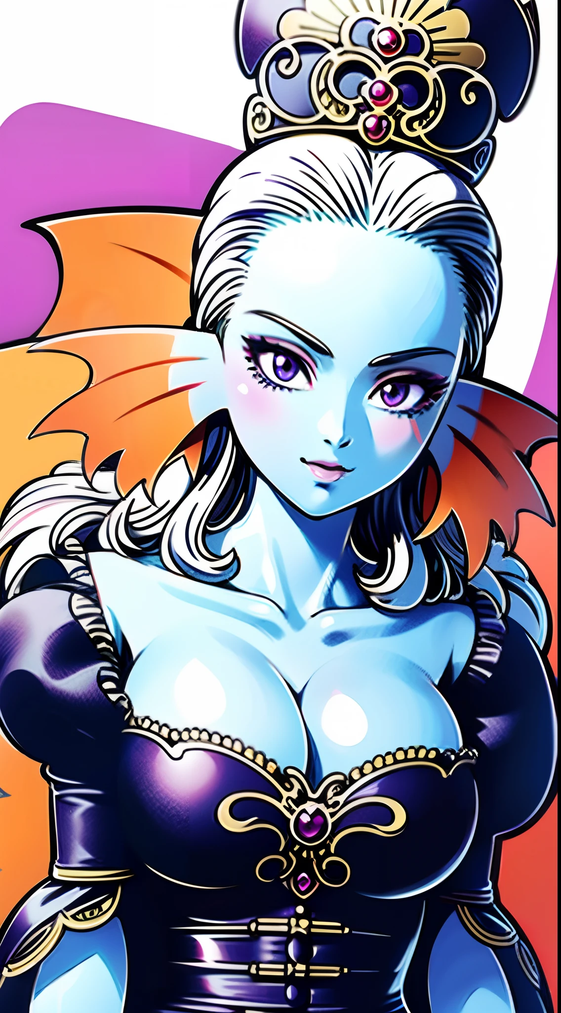 8K,High quality,Anime,married woman,Beautiful,Beautiful,Bright,Eye Highlights,Purple eyes,Sexy,ultra gigantic tits,oversized tits,Dark blue ,Erotic,beautiful line art. Blue skin, Blue and orange gradient fins, , Nothing on, Nothing on, Nothing on, Nothing on, ,