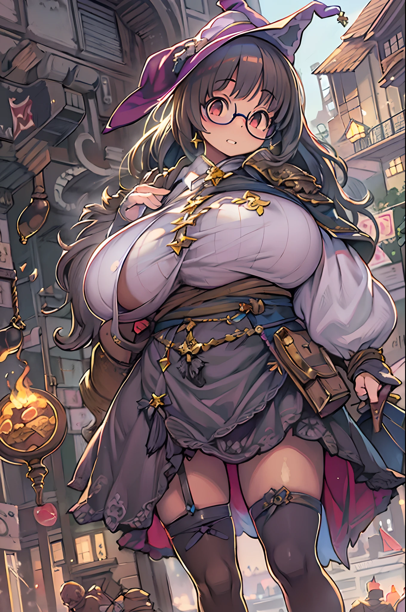 Fantasy,magic power,Realistic Girl Witch、bbw、huge-breasted、Anime style、Round glasses、Medieval cityscape