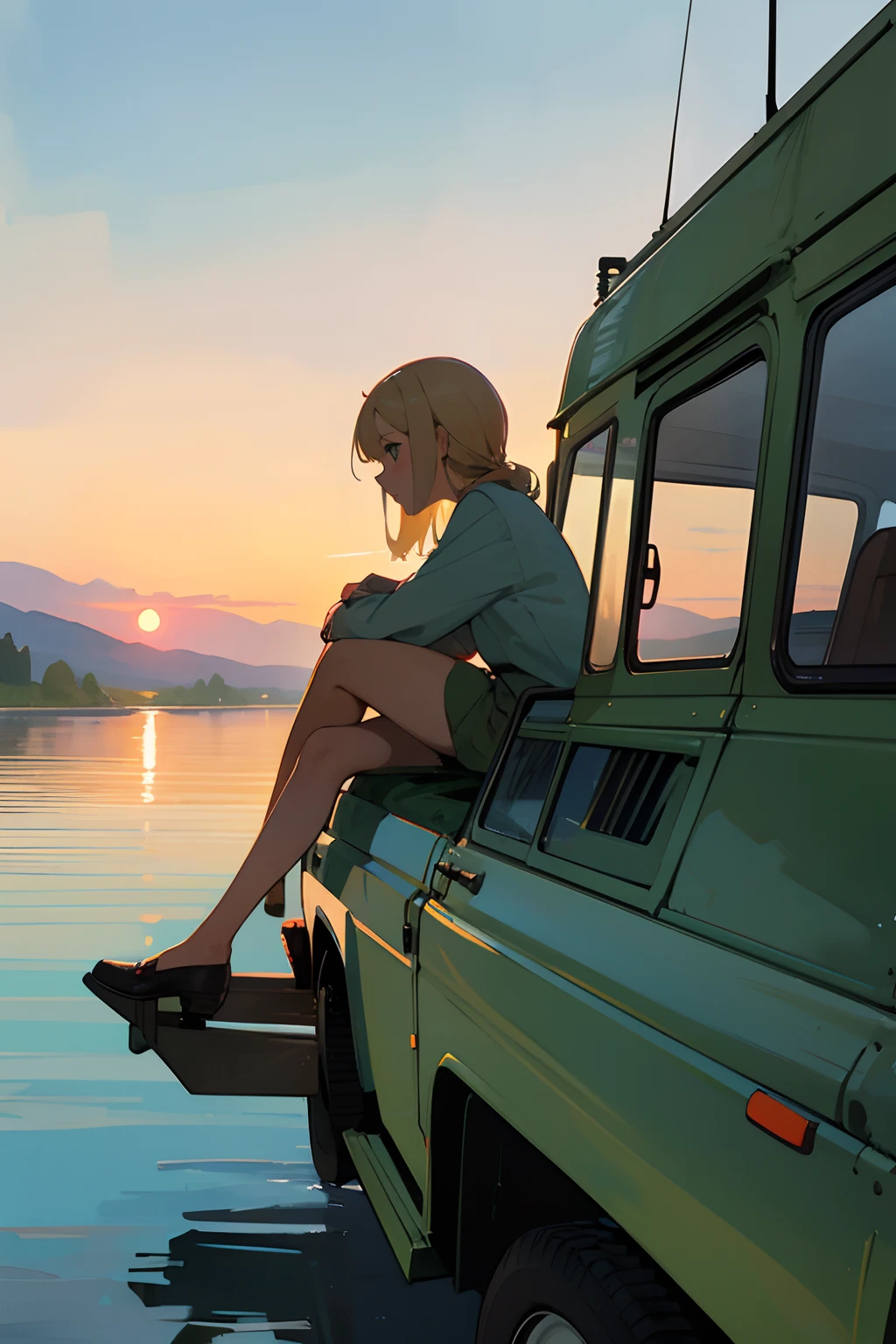 A sideview of a cartoonish Land Rover Series III 109, side view, sage color, parked, nice scenery of a lake behind, watercolor, A blonde girl sitting on the roof, enjoying the sunset, blonde girl legs crossed, sitting on Land Rover