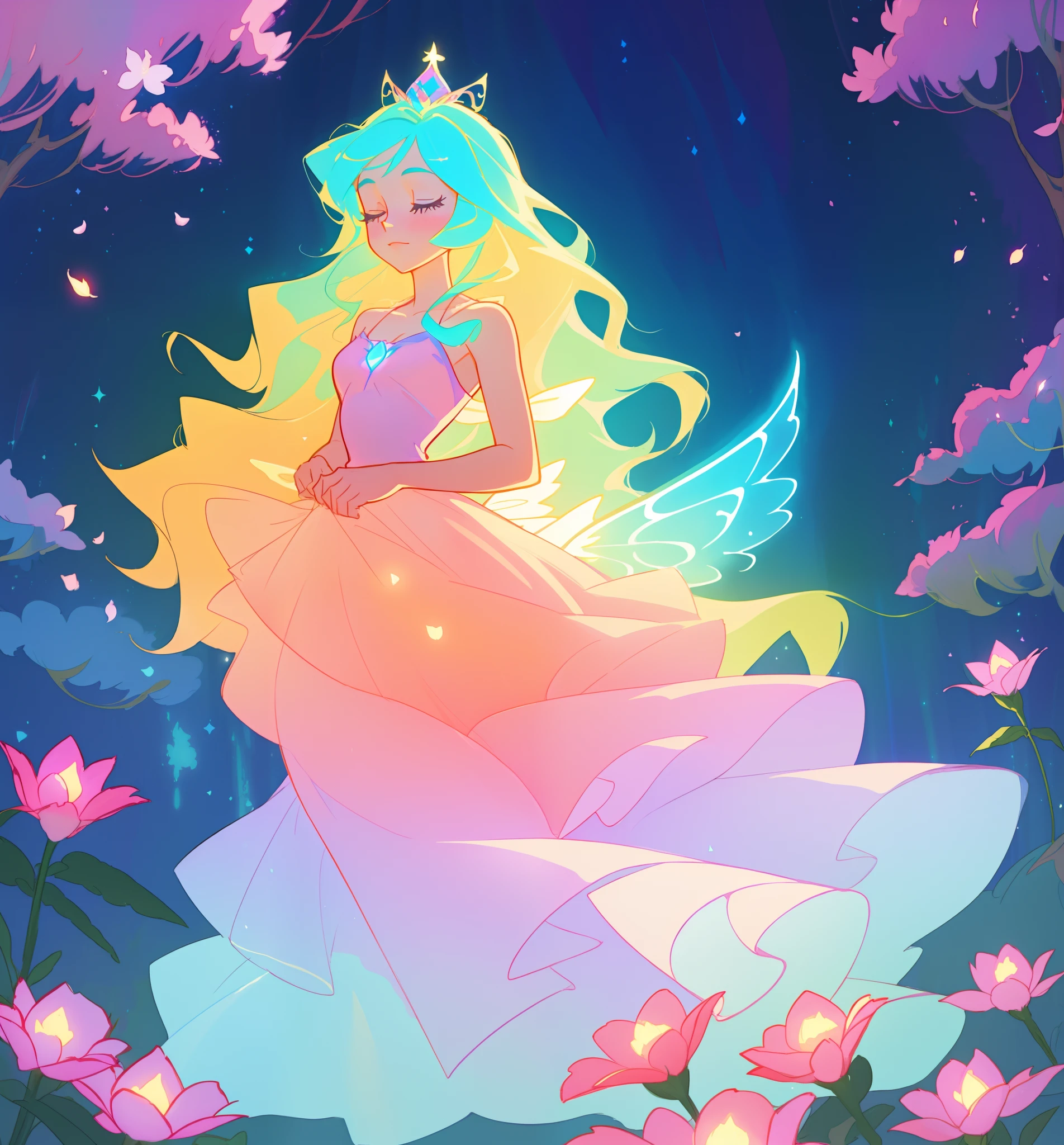 beautiful girl in flowing tiered layered ballgown dress, fairy dress, fairy queen, magical forest background, (glowing fairy wings), glowing flowing ballgown, long wavy hair, sparkling fairy wings, watercolor illustration, flowers and colorful plants, inspired by Glen Keane, inspired by Lois van Baarle, disney art style, by Lois van Baarle, glowing aura around her, by Glen Keane, jen bartel, glowing lights! digital painting, flowing glowing hair, glowing flowing hair, beautiful digital illustration, fantasia otherworldly landscape plants flowers, beautiful, masterpiece, best quality, anime disney style