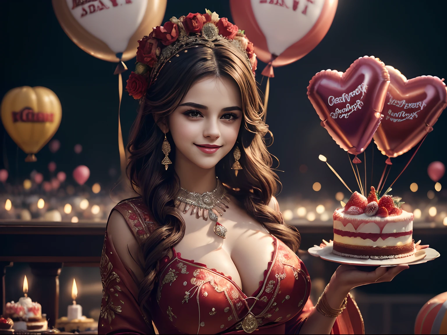 (((Huge smiling 0.3))) Extremely detailed illustration of (((Selena Gomez:Emma Watson:0.8))) wearing a red saree and very tight deep neck red blouse, 36 years, ((( big breasts 1.7))) mature lady, adult lady, ((big breasts 1.7))) ((( exposed breasts 1.5))) (((Detailed face))) , celebratting with cake, ((( cake in hands))) , guests all around, ((5 pound cake))) beautiful and mesmerizing decorations, ((( balloon decorations))) ((( 1k celebration))) ((( 1 k celebrating))) Uhd, 4k, 8k illustration, award winning illustration, best quality, (((5 digits fingers))), cinematic lighting, soft lighting, vivid colors, warm colors (((highest resolution)))