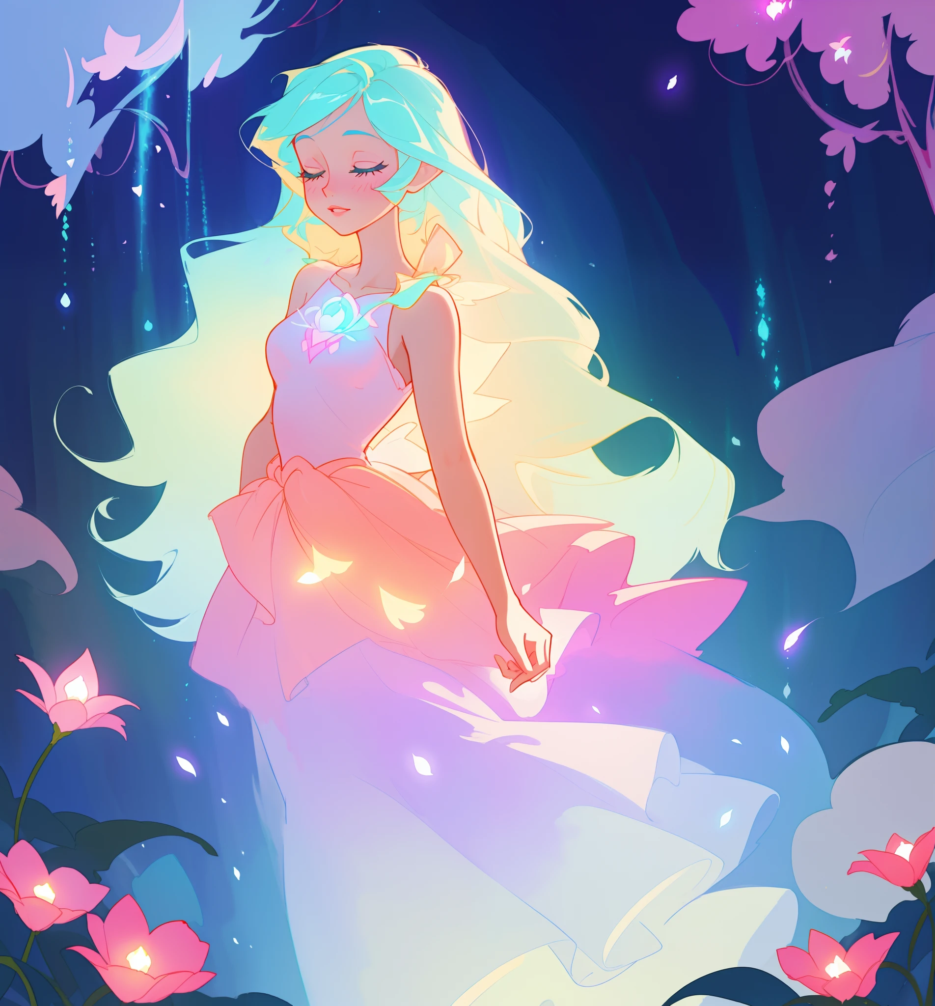 beautiful girl in flowing tiered layered ballgown dress, fairy dress, fairy queen, magical forest background, (glowing fairy wings), glowing flowing ballgown, long wavy hair, sparkling fairy wings, watercolor illustration, flowers and colorful plants, inspired by Glen Keane, inspired by Lois van Baarle, disney art style, by Lois van Baarle, glowing aura around her, by Glen Keane, jen bartel, glowing lights! digital painting, flowing glowing hair, glowing flowing hair, beautiful digital illustration, fantasia otherworldly landscape plants flowers, beautiful, masterpiece, best quality, anime disney style