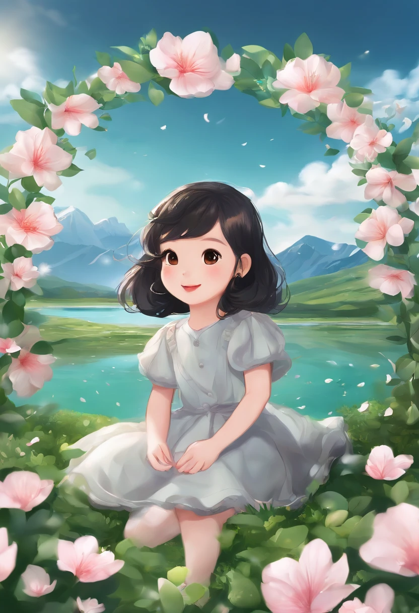 A playful and cute girl，Has short boyish hair (playful adorable girl with boyish short hair)，Black hair (jet-black flowing hair)，Emerald green sea (emerald green ocean)，mischievous grin (mischievous smile)，Dancing petals (dancing petals)，(top quality, masterpiece:1.2)and petals floating in the background (floating petals in the background)，ultra-detailed，(realistic:1.37)。

The next topic is:：Majestic mountains and emerald green grasslands at sunset。