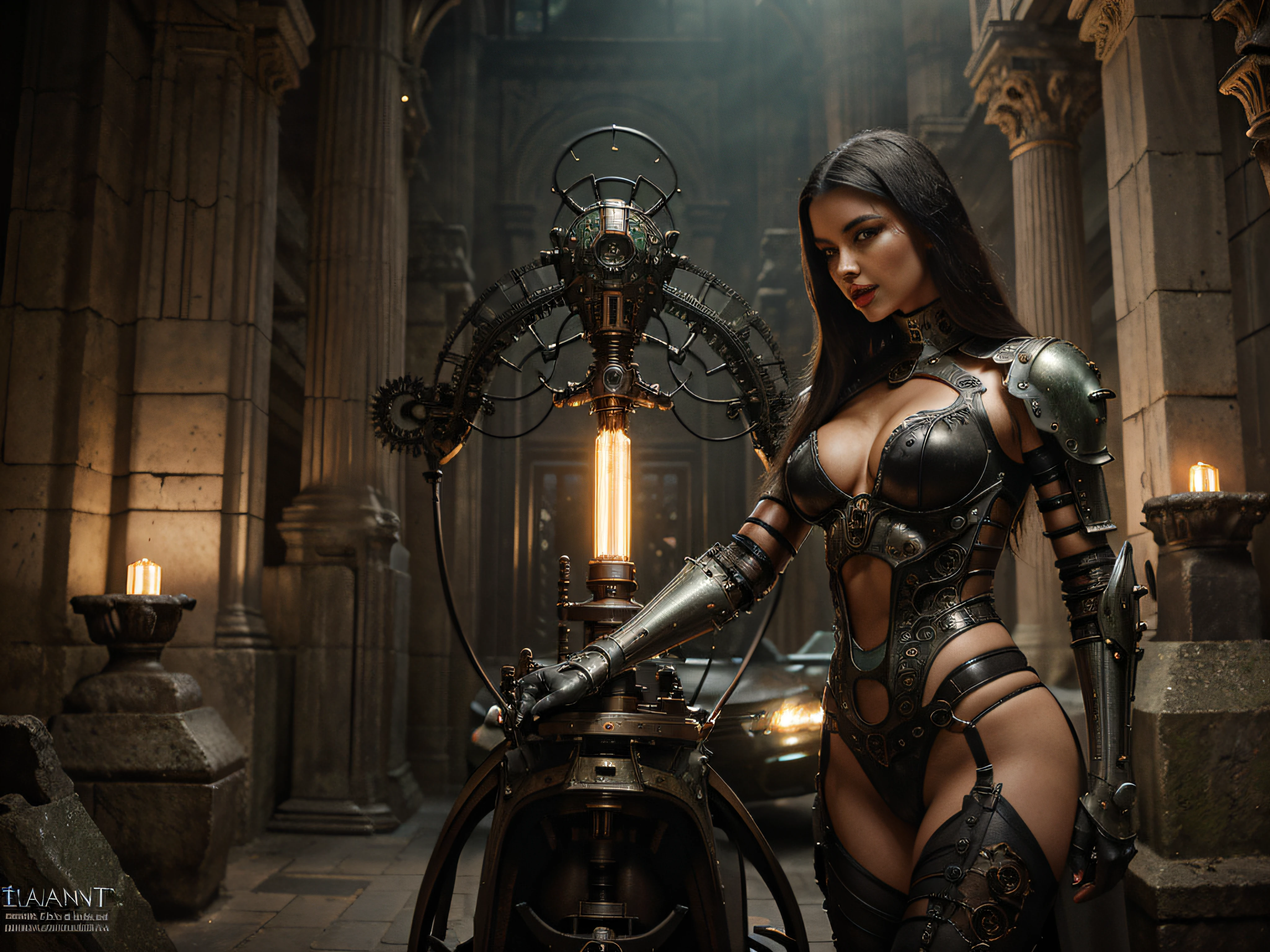 a woman (Adriana Lima :1.1) red lips, green eyes in biomechanical steampunk woman reminiscent of fast sportscar with robotic parts and (glowing) lights standing in ancient lush Inca palace, gothic and baroque, brutalist architecture, ultradetailed, creepy ambiance, fog, artgerm, giger, Intricate by Ellen Jewett and Josan Gonzalez and Giuseppe Arcimboldo