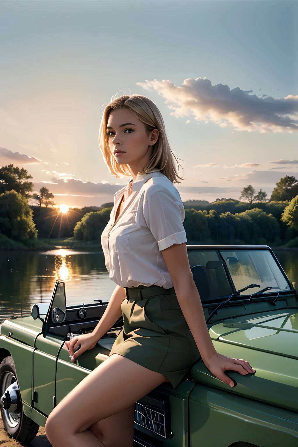 A sideview of Land Rover Series III 109, side view, sage color, parked, nice scenery of a lake behind, watercolor, 1girl sitting on the roof, blonde, enjoying the sunset, sitting on Land Rover