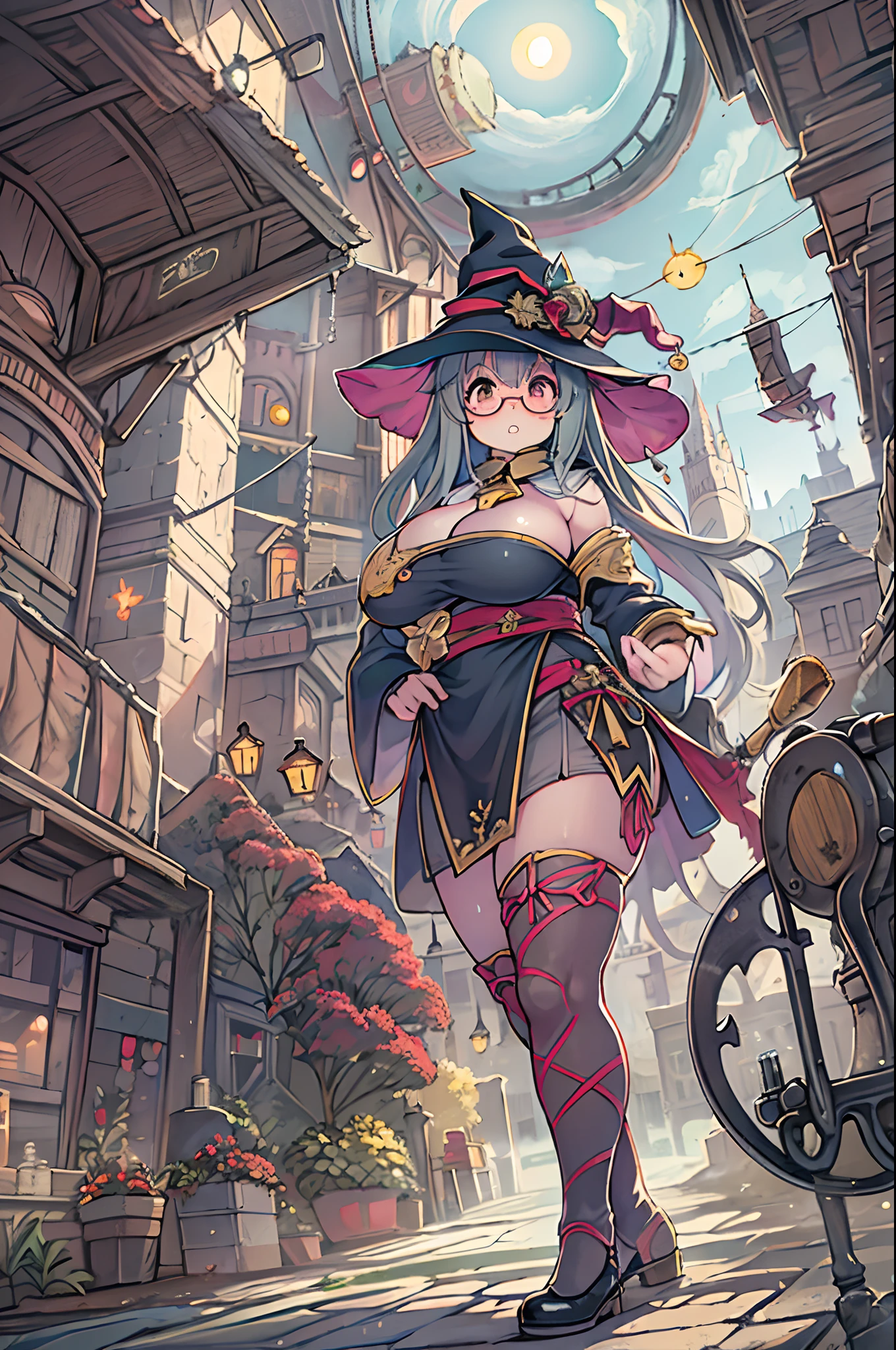 Fantasy,magic power,Realistic Girl Witch、bbw、huge-breasted、Anime style、Round glasses、Medieval cityscape