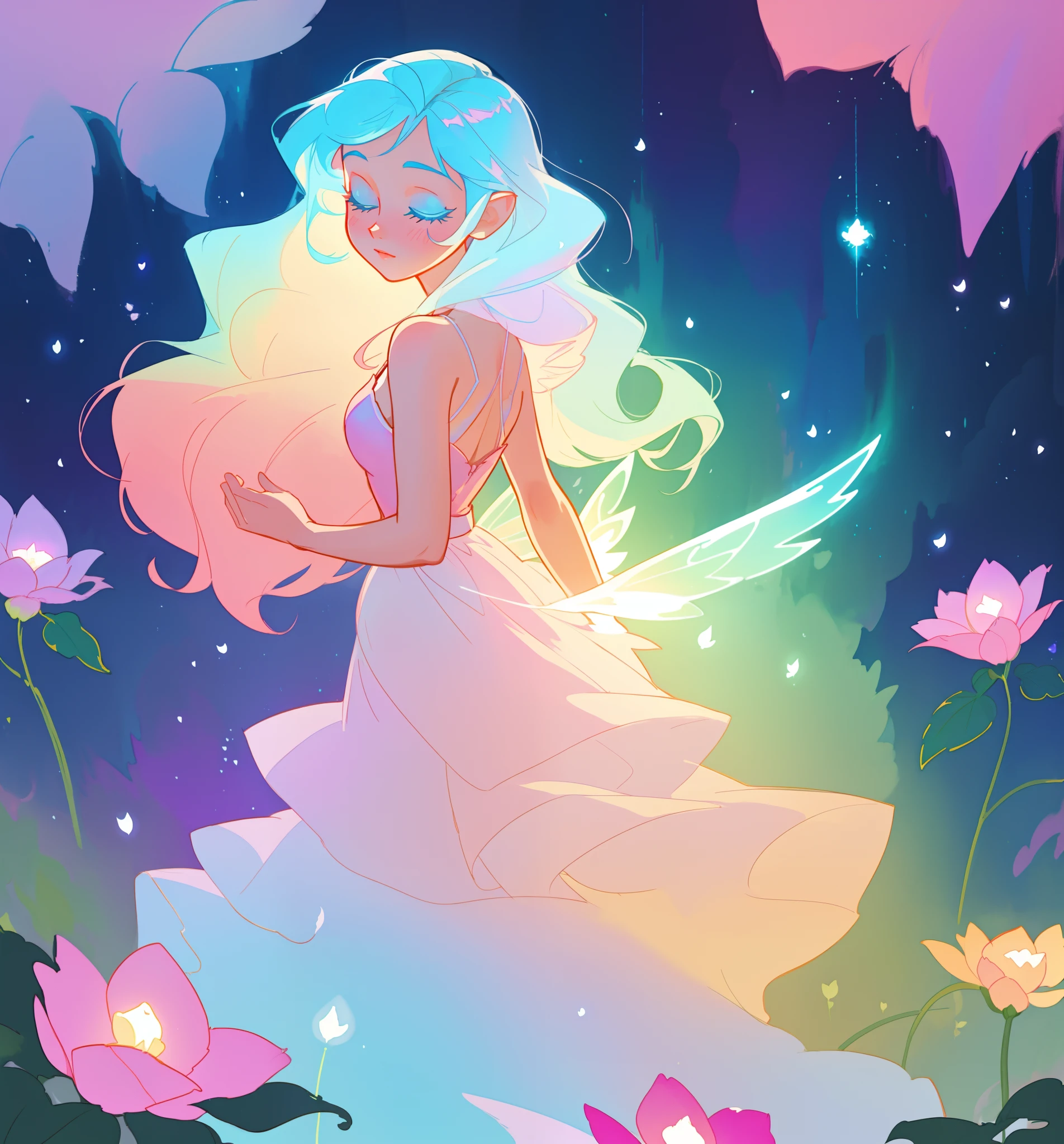 beautiful girl in flowing tiered layered ballgown dress, fairy dress, fairy queen, magical forest background, (glowing fairy wings), glowing flowing ballgown, long wavy hair, sparkling fairy wings, watercolor illustration, flowers and colorful plants, inspired by Glen Keane, inspired by Lois van Baarle, disney art style, by Lois van Baarle, glowing aura around her, by Glen Keane, jen bartel, glowing lights! digital painting, flowing glowing hair, glowing flowing hair, beautiful digital illustration, fantasia otherworldly landscape plants flowers, beautiful, masterpiece, best quality, anime disney style