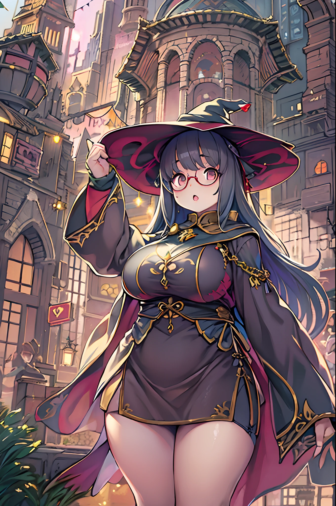Fantasy,magic power,Realistic Girl Witch、bbw、huge-breasted、Anime style、Round glasses、Medieval cityscape