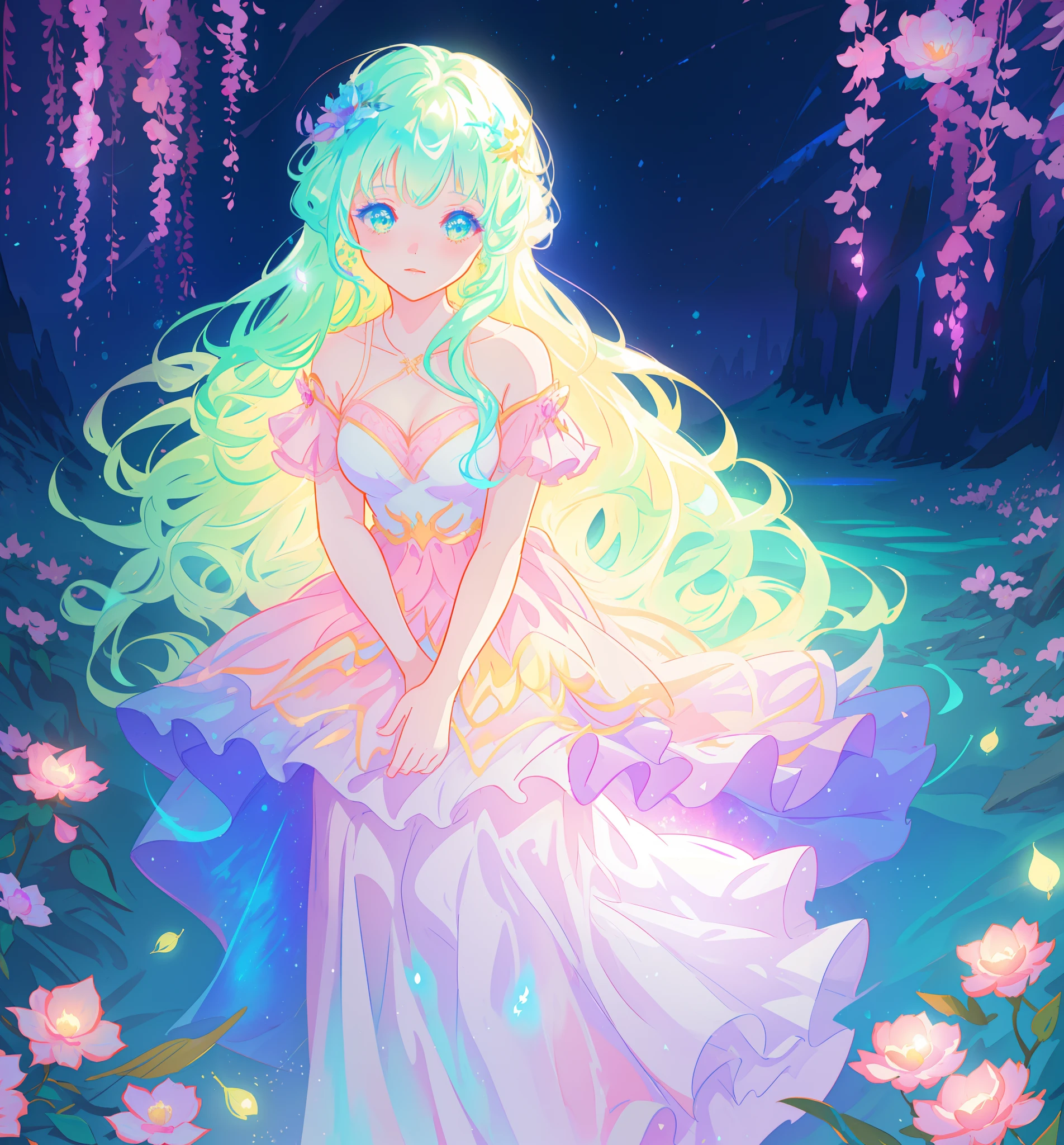 beautiful girl in flowing tiered layered ballgown dress, fairy dress, fairy queen, magical forest background, (glowing fairy wings), glowing flowing ballgown, long wavy hair, sparkling fairy wings, watercolor illustration, flowers and colorful plants, inspired by Glen Keane, inspired by Lois van Baarle, disney art style, by Lois van Baarle, glowing aura around her, by Glen Keane, jen bartel, glowing lights! digital painting, flowing glowing hair, glowing flowing hair, beautiful digital illustration, fantasia otherworldly landscape plants flowers, beautiful, masterpiece, best quality, anime disney style