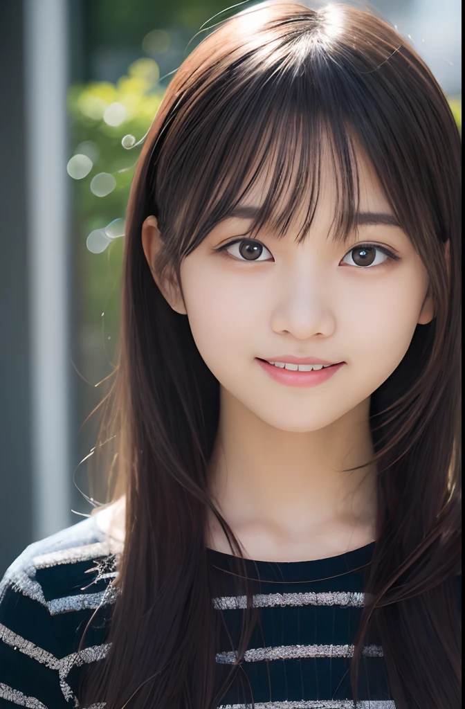Photorealistic, 8k full-length portraits, Beautiful Women, A charming expression, sixteen years old, TOKYO city, Shibuya in the background smile, front teeth, background light purple