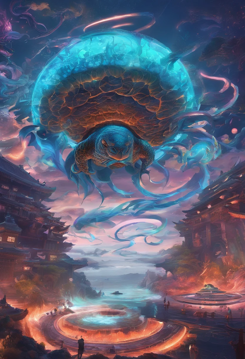 China-style,Chinese mythology,Xuanwu,faucet,Turtle body,Heavy tortoiseshell shell,Snake tail,has horns on its head,tosen,Ferocious,gargantuan,The eyes glow blue light,the sea,Huge waves,surrounded by cloud,中景 the scene is,Full body like, highly detailed surreal vfx,oc rendered, - AR 16:9 --q 2 --s 1000