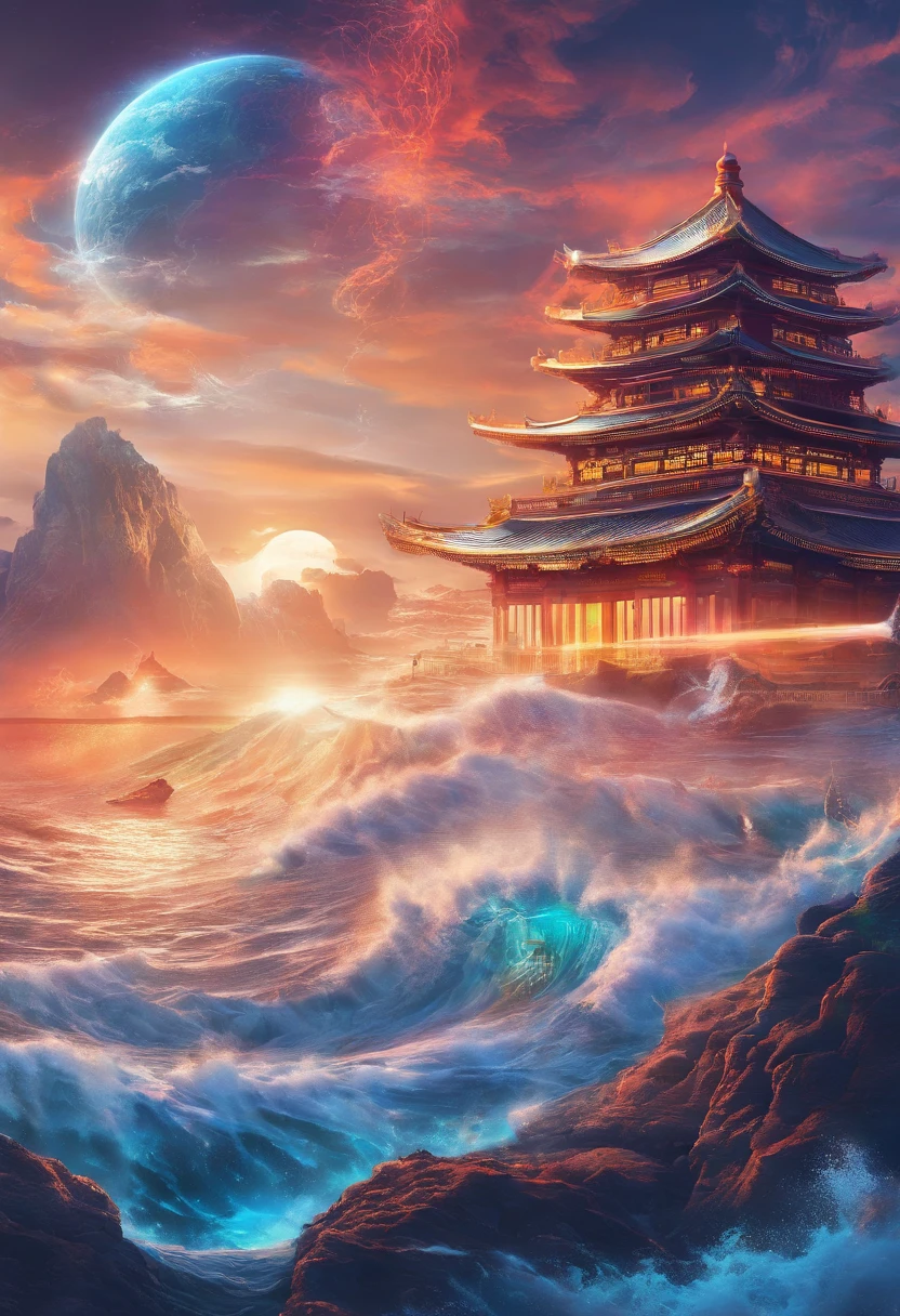 China-style,Chinese mythology,Xuanwu,faucet,Turtle body,Heavy tortoiseshell shell,Snake tail,has horns on its head,tosen,Ferocious,gargantuan,The eyes glow blue light,the sea,Huge waves,surrounded by cloud,中景 the scene is,Full body like, highly detailed surreal vfx,oc rendered, - AR 16:9 --q 2 --s 1000