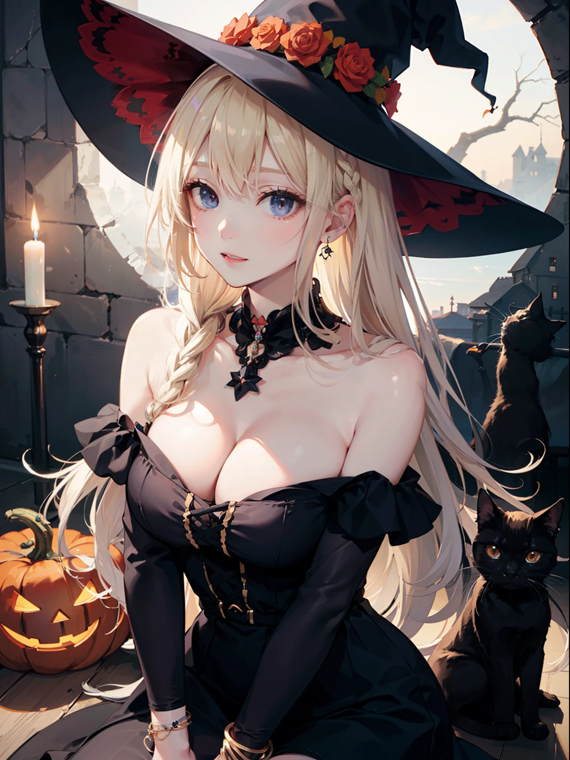 in 8K、top-quality、masterpiece、ultra-detailliert、Ultra-high resolution、((1 persons))、girl with、Halloween、witch's hat、blondehair、Braided hair、Black Dress、bare shoulders、cleavage of the breast、makeups、eyeshadows、A bracelet、medieval town、Sit up、Black cat