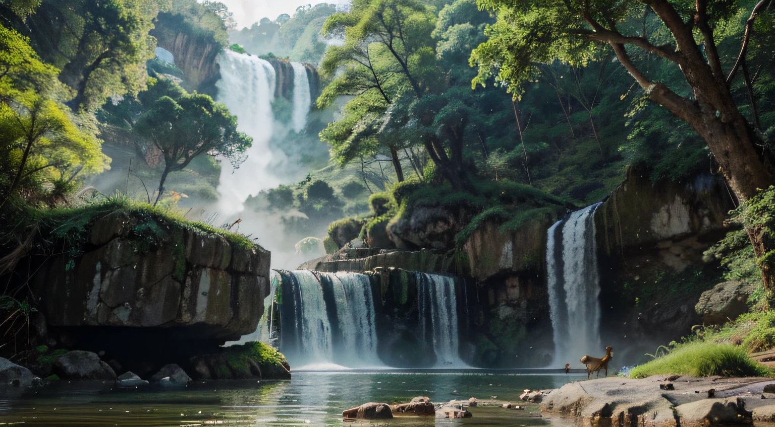 Chinese ancient times, spring, jungle, lake, cave, waterfall, tree, meadow, rock, deer, hot spring, water vapor, epic composition, realistic lighting, HD details, masterpiece, best quality, (very detailed )