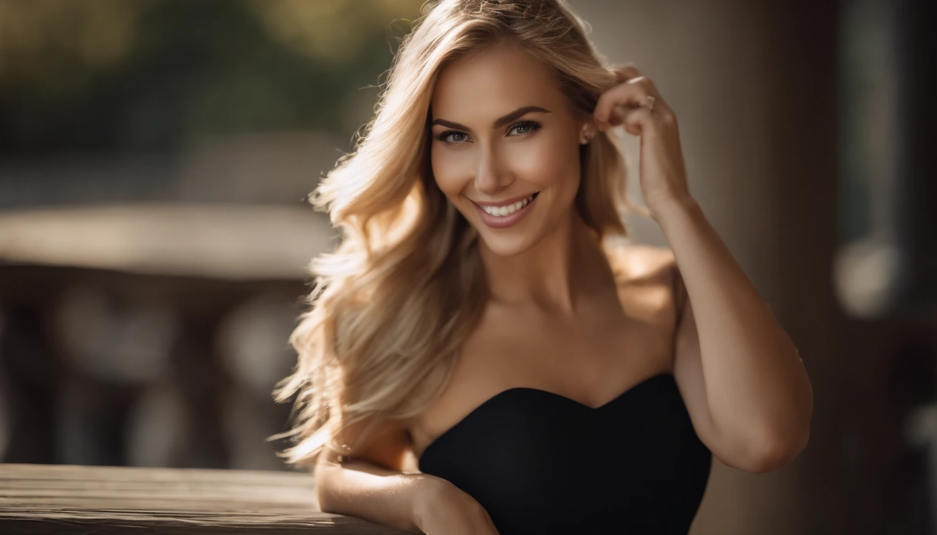 Forma del cuerpo del reloj de arena, pechos grandes y redondos, caderas anchas, Mujer con vestido negro , Diosa rubia, Vestimenta ajustada, Vestimenta ajustada, sonriendo seductoramente, cara bonita, Chica perfecta con el pelo blanco, Pose satisfecha, Linda sonrisa seductora, Hermosa chica rubia, Buena joven, pose muy sexy, beautiful angle, Pose atractiva, chica linda, pose sexy, Una hermosa rubia