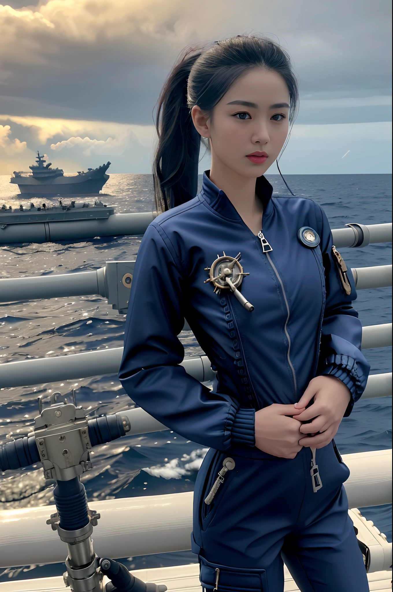 [((on ship deck,1 beautiful girl,Extremely exquisite facial details,short ponytail,Big watery eyes,small face,pale and flawless skin,(Navy Blue zipped-up jacket and pants:1.3),slim,alert,holding rifle,Aiming and shooting,from everywhere))],
masterpiece,highres, highest quality,intricate detail,best texture,realistic,8k,soft light,perfect shadow,
sea,sunny,cloudy,wind,wet, 
Age Of Wind,naval battle,conflict,bombard.firing,Smoke emitting