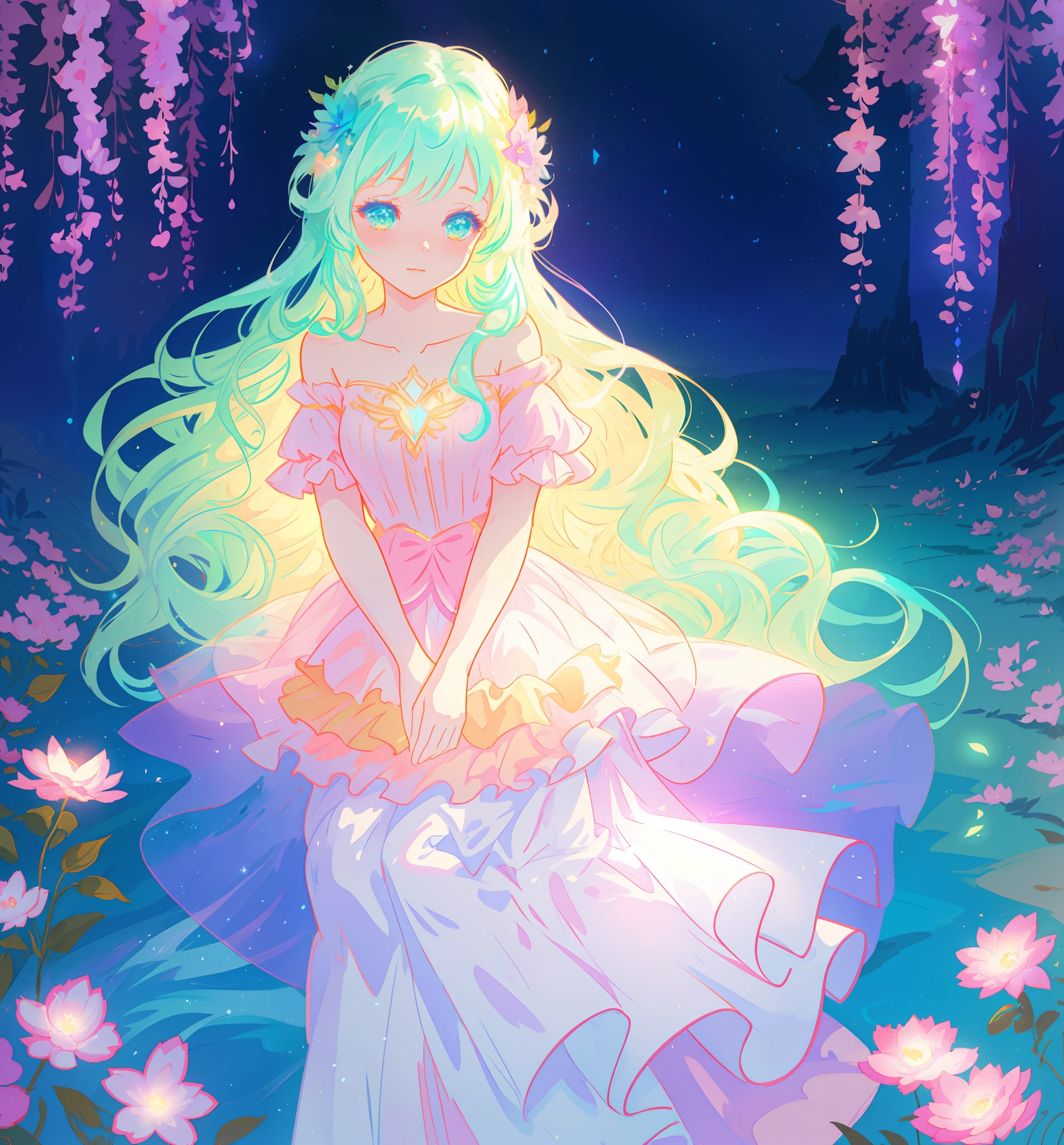 beautiful girl in flowing tiered layered ballgown dress, fairy dress, fairy queen, magical forest background, (glowing fairy wings), glowing flowing ballgown, long wavy hair, sparkling fairy wings, watercolor illustration, flowers and colorful plants, inspired by Glen Keane, inspired by Lois van Baarle, disney art style, by Lois van Baarle, glowing aura around her, by Glen Keane, jen bartel, glowing lights! digital painting, flowing glowing hair, glowing flowing hair, beautiful digital illustration, fantasia otherworldly landscape plants flowers, beautiful, masterpiece, best quality, anime disney style