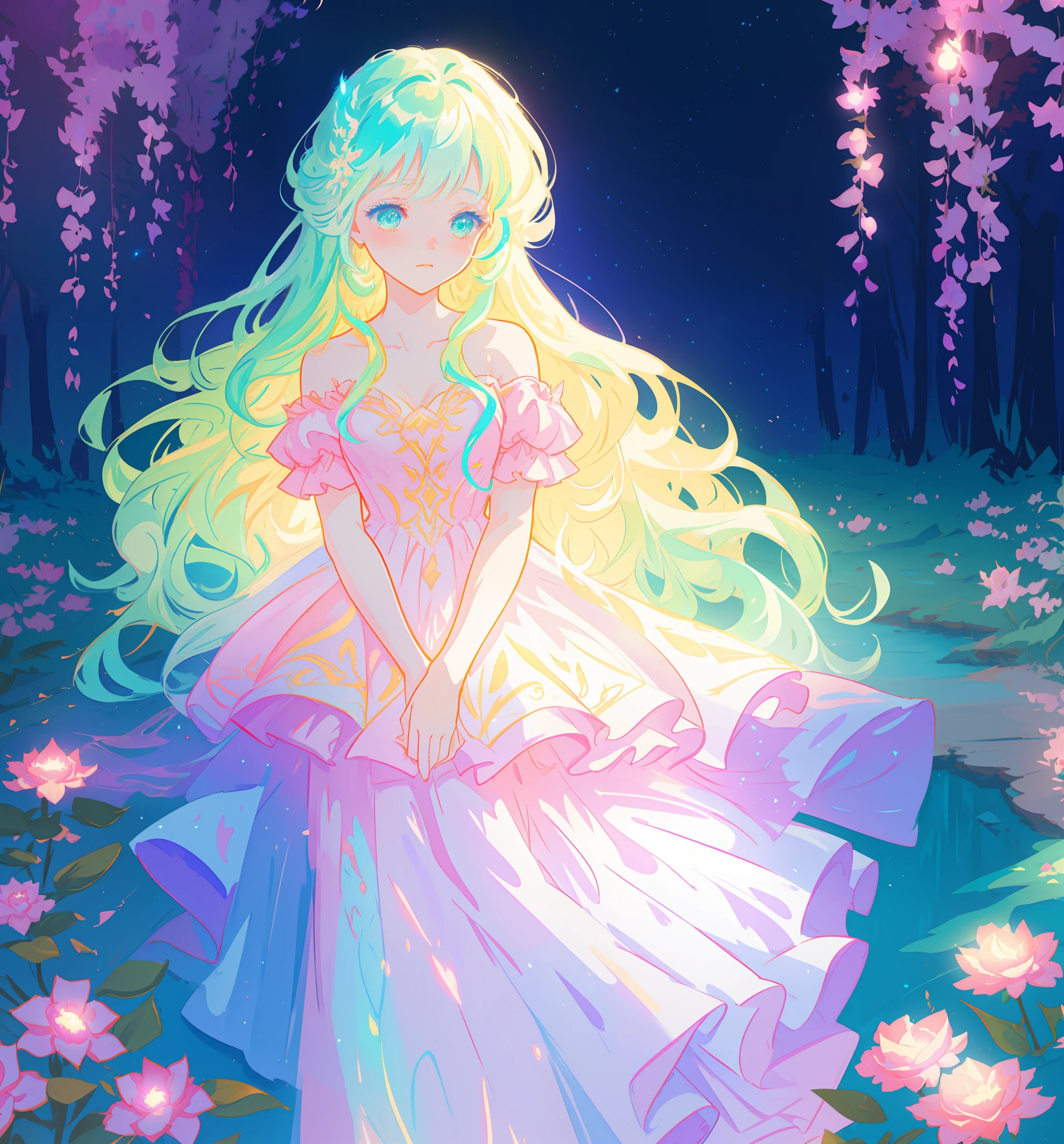 beautiful girl in flowing tiered layered ballgown dress, fairy dress, fairy queen, magical forest background, (glowing fairy wings), glowing flowing ballgown, long wavy hair, sparkling fairy wings, watercolor illustration, flowers and colorful plants, inspired by Glen Keane, inspired by Lois van Baarle, disney art style, by Lois van Baarle, glowing aura around her, by Glen Keane, jen bartel, glowing lights! digital painting, flowing glowing hair, glowing flowing hair, beautiful digital illustration, fantasia otherworldly landscape plants flowers, beautiful, masterpiece, best quality, anime disney style