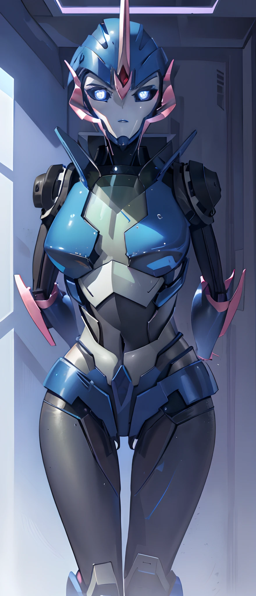 (masterpiece, best quality:1.2), arcee (transformers prime), 1girl, mecha, solo, robot, breasts, blue eyes, autobot, no humans, blue lips, science fiction, glowing, (futuristic prison), ((((((arms behind back)))))), (((upper body))), angry,