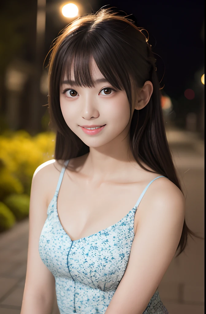 masutepiece, Best Quality, 8K, 20yr old, Teen, Raw photo, absurderes, award winning portrait, Smile, Smile, Solo, Night, neons, Idol face, violaceaess, gardeniass, Delicate girl, full body Esbian, Goth loli costume、Pink dress、Brown eyes、Brown hair、Hands up、Digital SLR, Looking at Viewer, Candid, Sophisticated, zora々Right, Thin arms, Professional Lighting, Film grain, chromatic abberation, (Eyes and faces with detailed:1.0), (Bokeh:1.1)