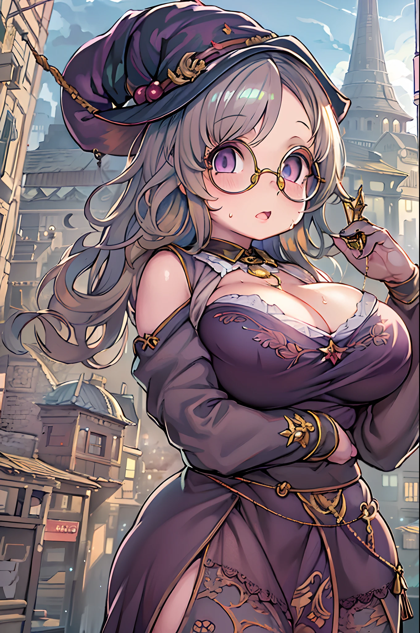 Fantasy,magic power,Realistic Girl Witch、bbw、huge-breasted、Anime style、Round glasses、Medieval cityscape