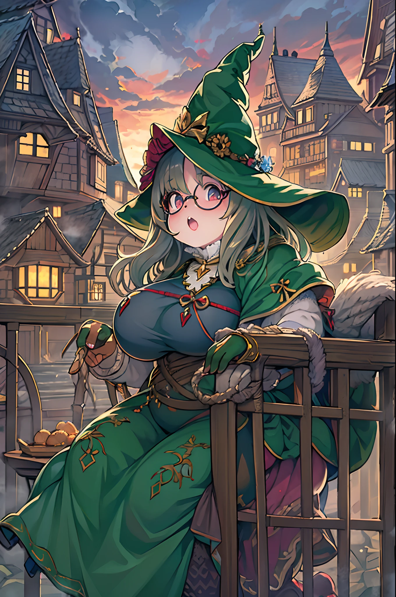 Fantasy,magic power,Realistic Girl Witch、bbw、huge-breasted、Anime style、Round glasses、Medieval cityscape