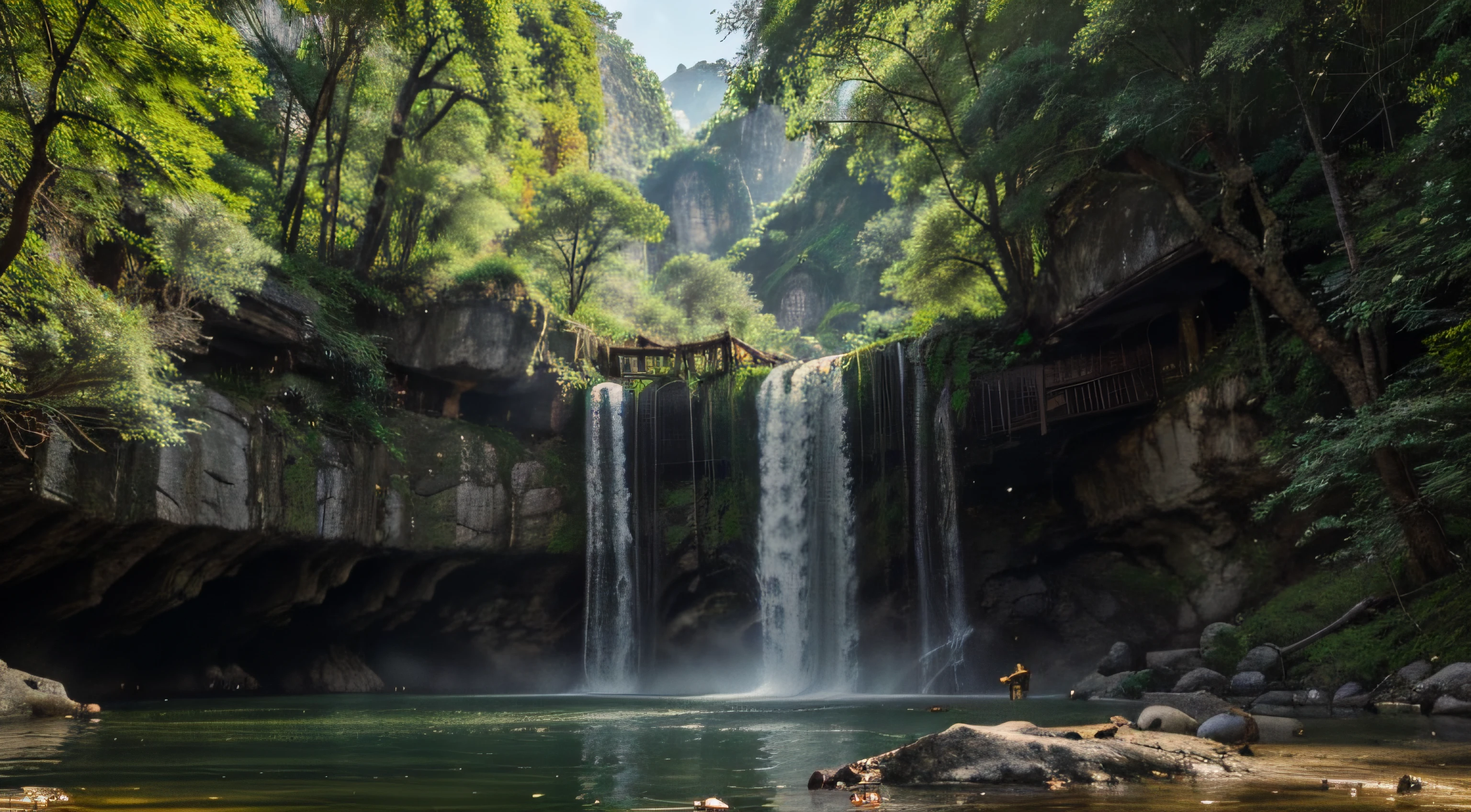 Chinese ancient times, spring, jungle, lake, cave, waterfall, tree, meadow, rock, deer, hot spring, water vapor, epic composition, realistic lighting, HD details, masterpiece, best quality, (very detailed )
