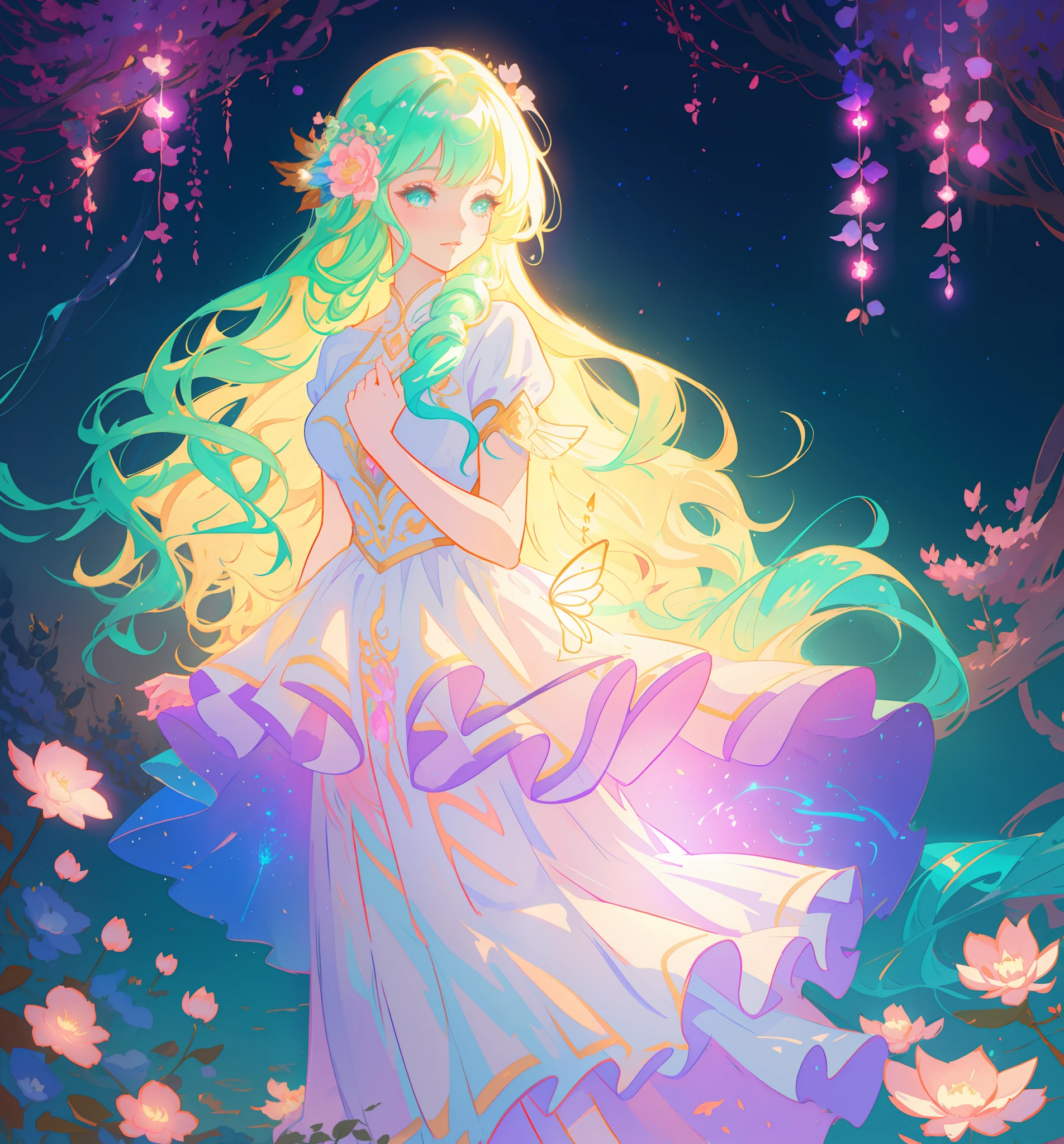 beautiful girl in flowing tiered layered ballgown dress, fairy dress, fairy queen, magical forest background, (glowing fairy wings), glowing flowing ballgown, long wavy hair, sparkling fairy wings, watercolor illustration, flowers and colorful plants, inspired by Glen Keane, inspired by Lois van Baarle, disney art style, by Lois van Baarle, glowing aura around her, by Glen Keane, jen bartel, glowing lights! digital painting, flowing glowing hair, glowing flowing hair, beautiful digital illustration, fantasia otherworldly landscape plants flowers, beautiful, masterpiece, best quality, anime disney style