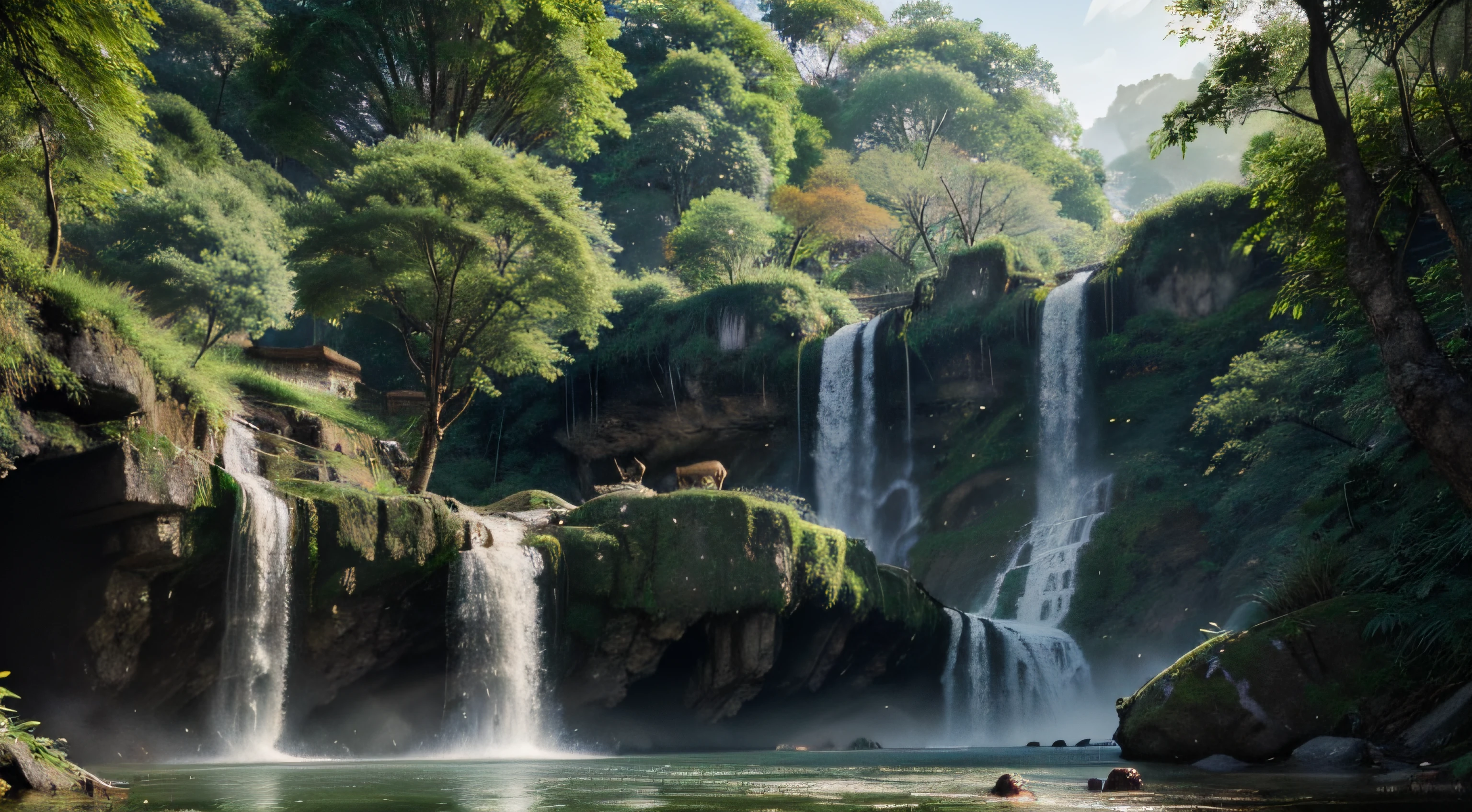 Chinese ancient times, spring, jungle, lake, cave, waterfall, tree, meadow, rock, deer, hot spring, water vapor, epic composition, realistic lighting, HD details, masterpiece, best quality, (very detailed )