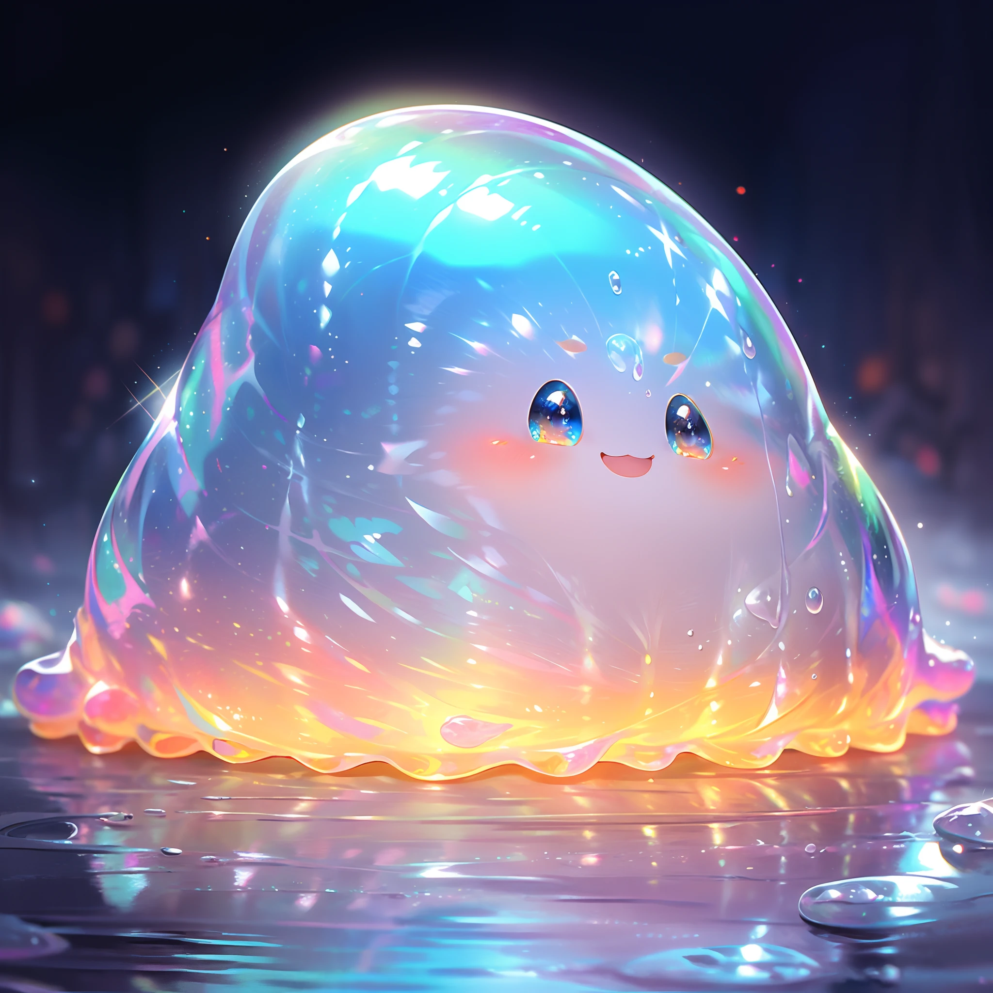 Glossy iridescent colorful slime, Cute face,Vivid and translucent texture, Slime stretch and squash, Detailed, Seductive patterns and swirl, Sparkling and reflected light, Fun to touch and play with, A masterpiece of high resolution, Vivid colors, Illuminated by soft studio lighting.