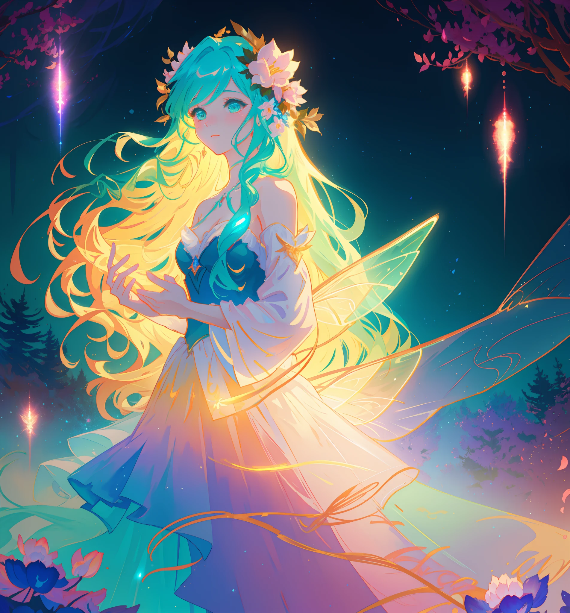 beautiful girl in flowing tiered layered ballgown dress, fairy dress, fairy queen, magical forest background, (glowing fairy wings), glowing flowing ballgown, long wavy hair, sparkling fairy wings, watercolor illustration, flowers and colorful plants, inspired by Glen Keane, inspired by Lois van Baarle, disney art style, by Lois van Baarle, glowing aura around her, by Glen Keane, jen bartel, glowing lights! digital painting, flowing glowing hair, glowing flowing hair, beautiful digital illustration, fantasia otherworldly landscape plants flowers, beautiful, masterpiece, best quality, anime disney style
