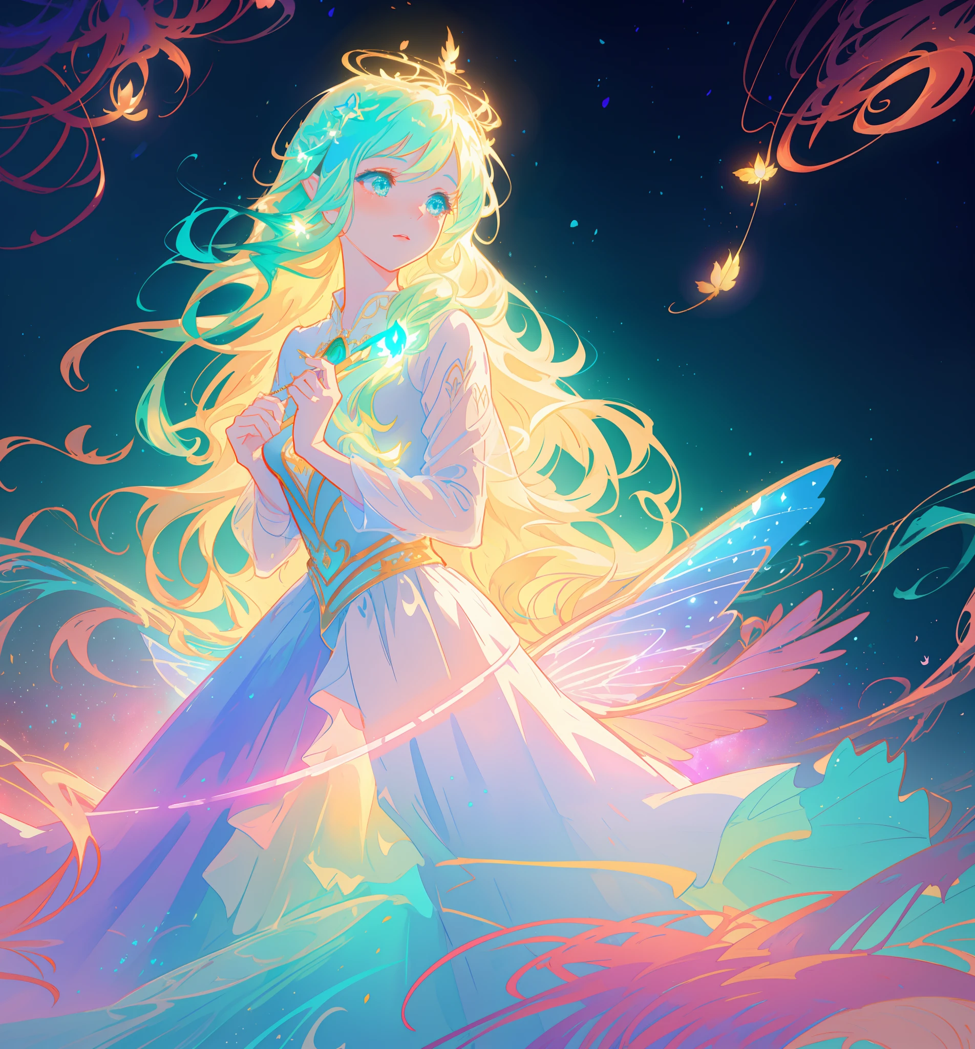 beautiful girl in flowing tiered layered ballgown dress, fairy dress, fairy queen, magical forest background, (glowing fairy wings), glowing flowing ballgown, long wavy hair, sparkling fairy wings, watercolor illustration, flowers and colorful plants, inspired by Glen Keane, inspired by Lois van Baarle, disney art style, by Lois van Baarle, glowing aura around her, by Glen Keane, jen bartel, glowing lights! digital painting, flowing glowing hair, glowing flowing hair, beautiful digital illustration, fantasia otherworldly landscape plants flowers, beautiful, masterpiece, best quality, anime disney style