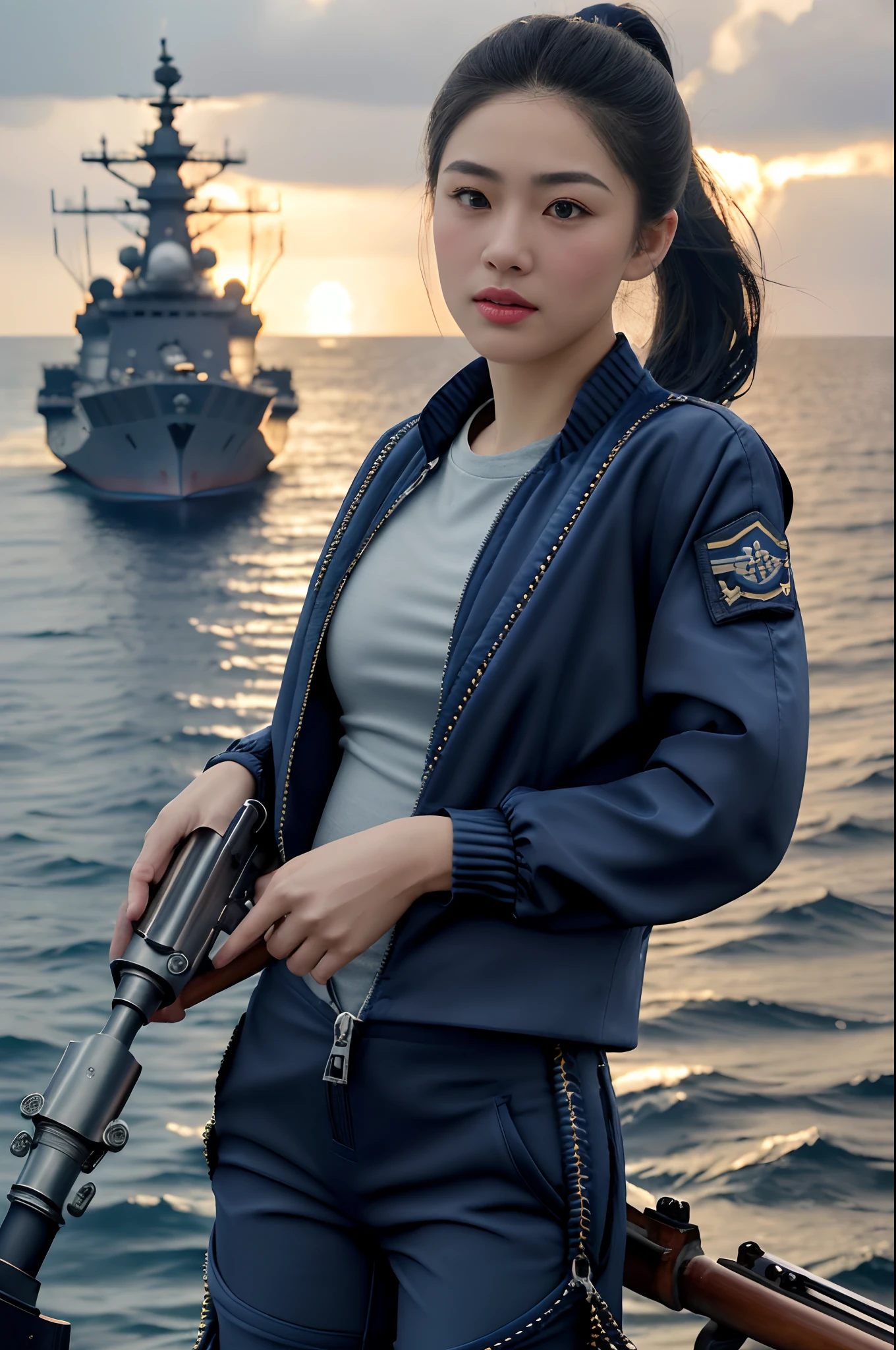 [((on ship deck,1 beautiful girl,Extremely exquisite facial details,short ponytail,Big watery eyes,small face,pale and flawless skin,Exquisite makeup,(Navy Blue zipped-up jacket:1.3),(navy blue pants:1.3),slim,alert,(Holding a Giant Gatling Submachine Gunwith both hands:1.3),Aiming and shooting,from everywhere))],
masterpiece,highres, highest quality,intricate detail,best texture,realistic,8k,soft light,perfect shadow,
sea,sunny,cloudy,wind,wet, 
Age Of Wind,naval battle,conflict,bombard.firing,Smoke emitting from distant warships