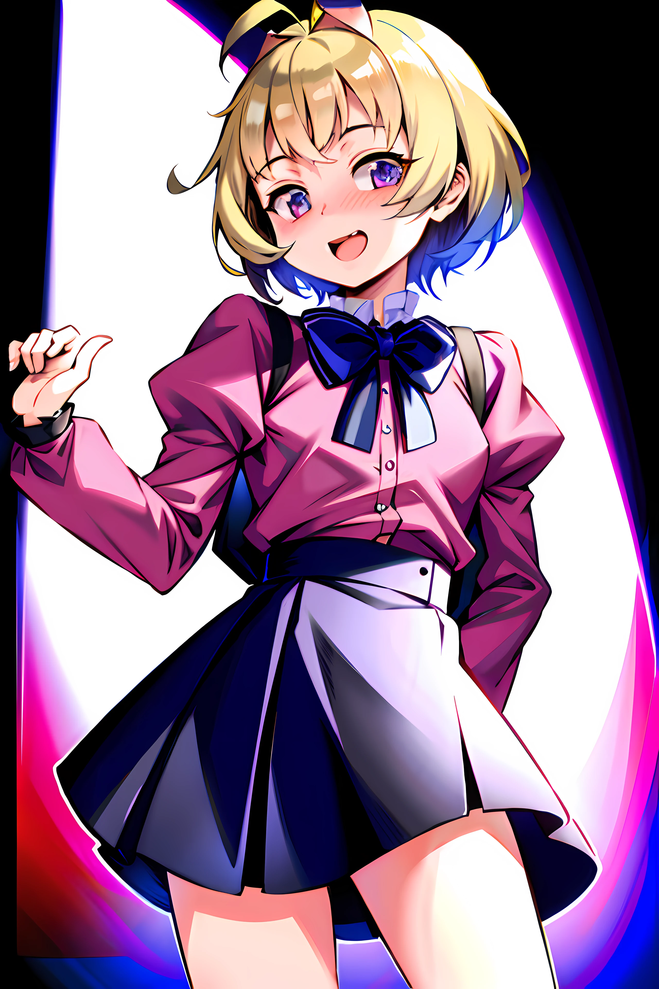 1trap, crossdressing, femboy, solo, embarrassed, shy, masterpiece, best quality, 8k, jirai kei, black skirt, juliet sleeves, pink blouse, street, frontal, unity 4k, anime style