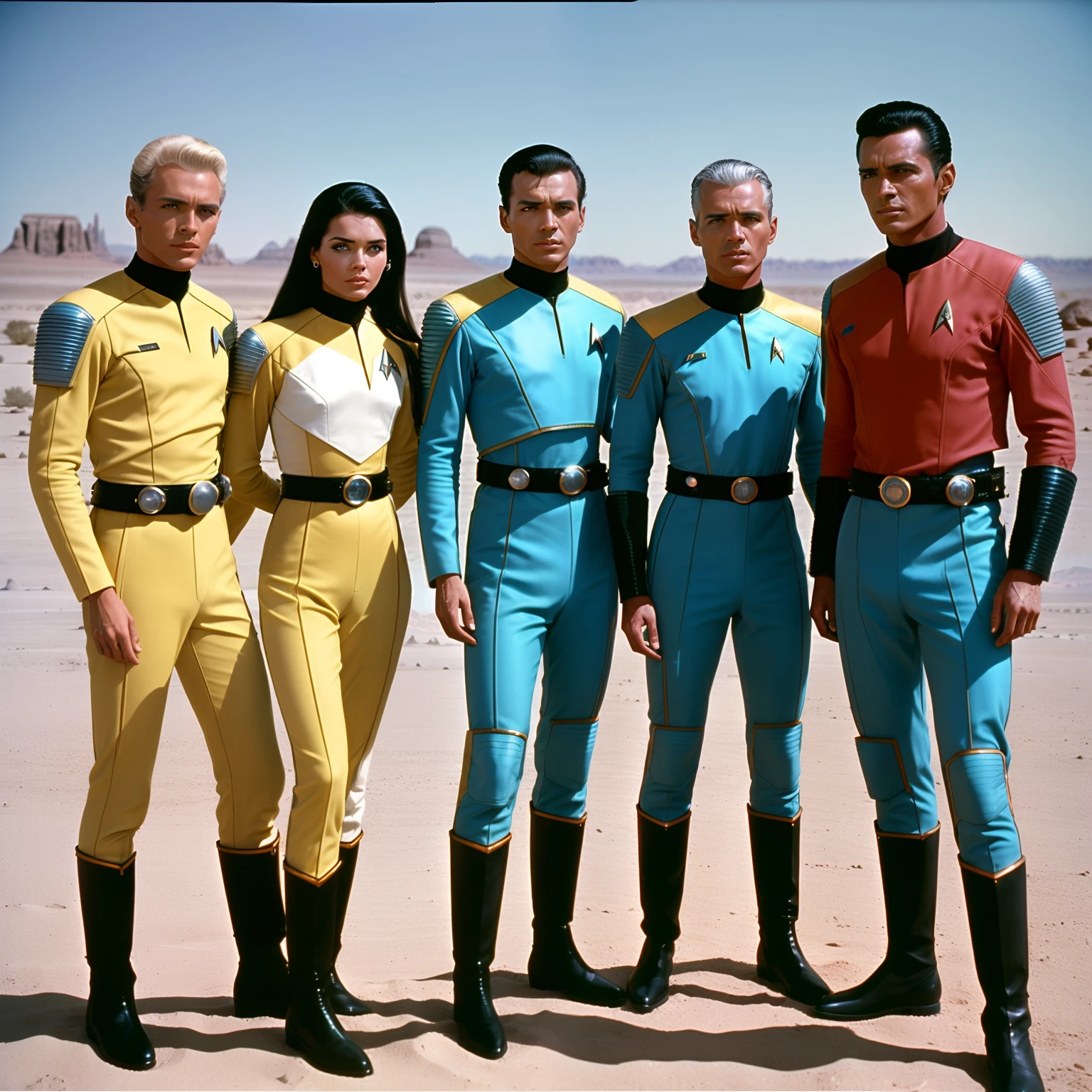Image of a group of people in spacesuits standing in a desert, 1 9 6 0's sci - fi, vintage sci-fi, Sci Vintage - Fi, Retro Sci - Imagem de FI, Sci Retro - Fi, retro science fiction, retro science fiction, Sci-fi dos anos 70, 1 9 7 0 s sci - fi, Heartthrobs, modelos, Beautiful actresses, Star Trek-like crew, 60's Aesthetics, manter os biotipos, homens bonitos , Beautiful women,