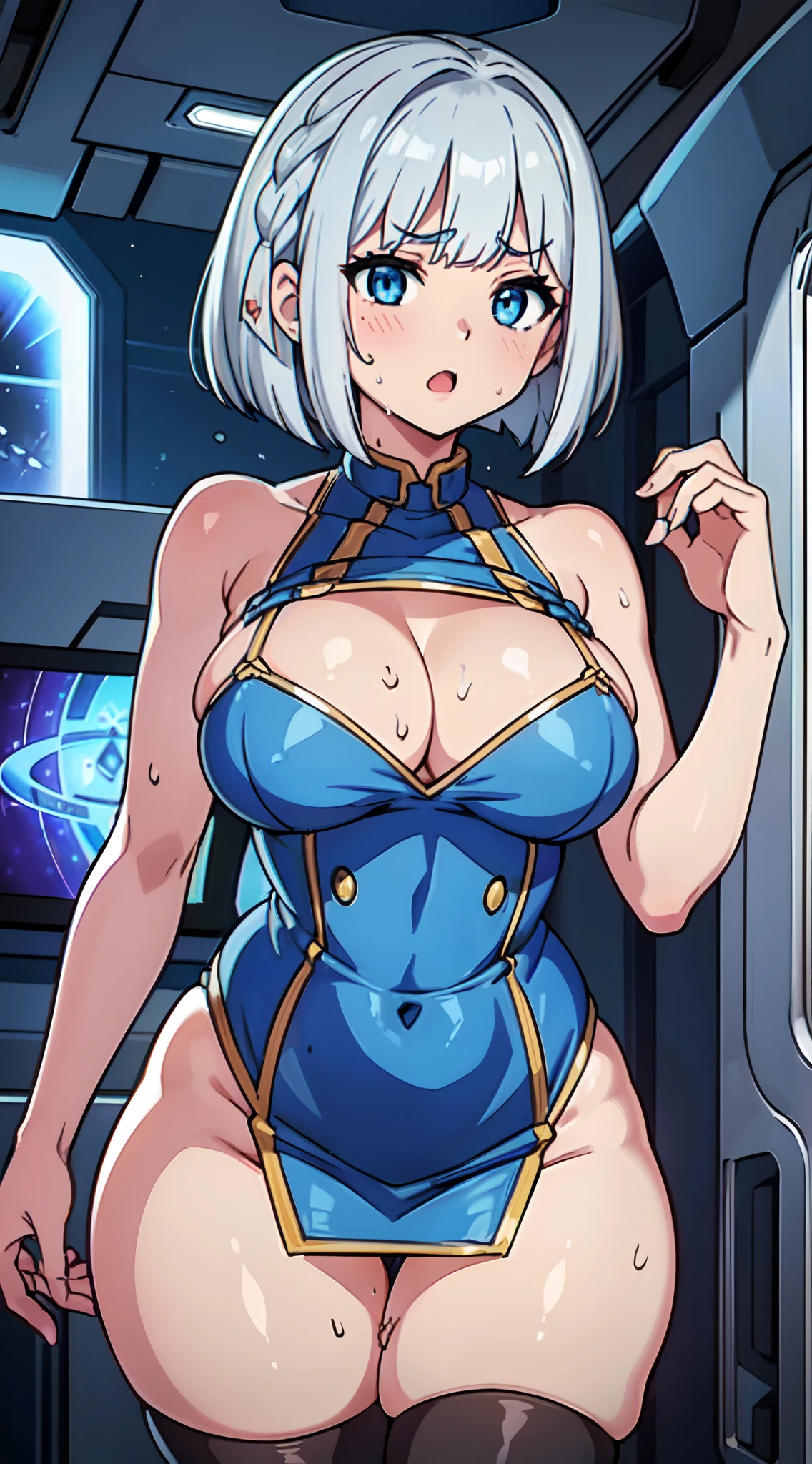 (Perfect body),Best Quality,16 K、masuter piece、((Blue Dress))、((Black tight mini skirt))、Blue striped panties、(glares)、:o、I have my mouth wide open、Tsuriformes、(((Left sideburns braid)))、(((bob cuts)))、(Blue eyes),((Silvery hair)),(Sweat)、(Big ass)、huge-breasted、(((thick thighs)))、(Inside the spaceship)、