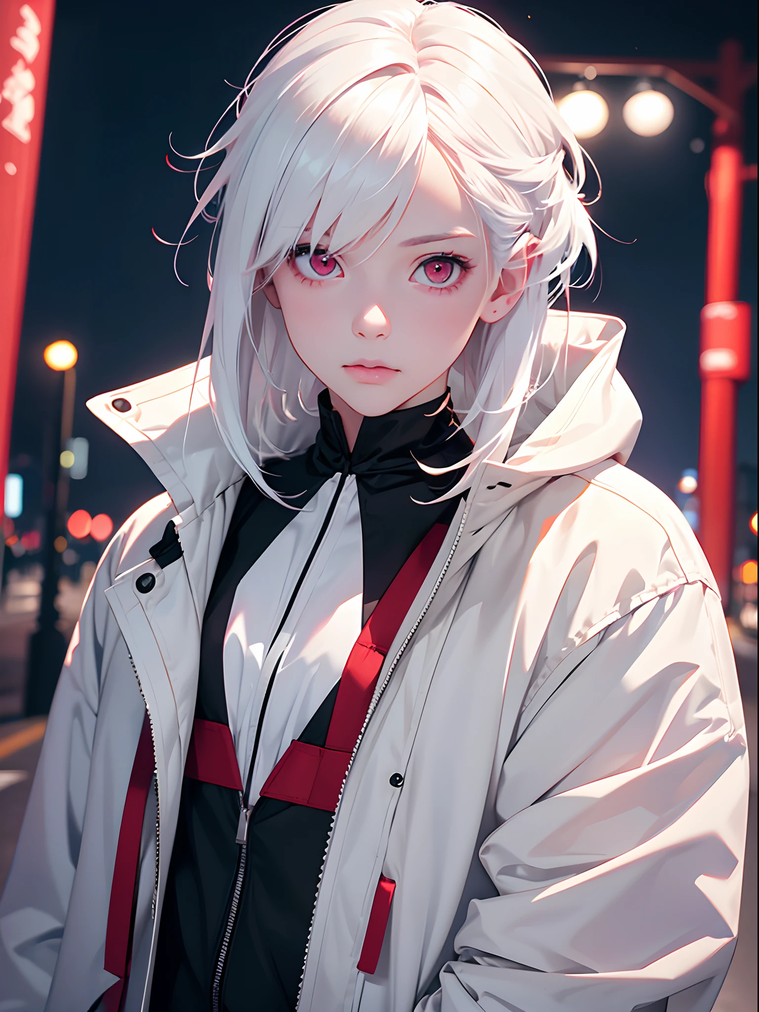 1girl,Albino, cute, white hair, short hair, beautiful, long hair,red eyes, wearing a parka jacket, hair with a ribbon,night light ((8k, UHD, ultra realistic))