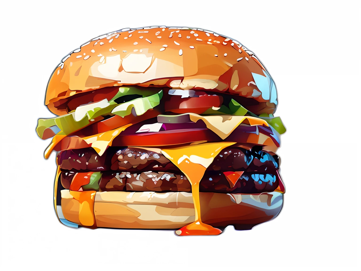 there is a large hamburger with many different toppings on it, big juicy burger, burger with a mouth, cheeseburger, hamburger, burger, super realistic food picture, amazing food illustration, digital painting highly detailed, highly detailed digital painting, hyperrealistic digital painting, detailed painting 4 k, low-poly digital art,