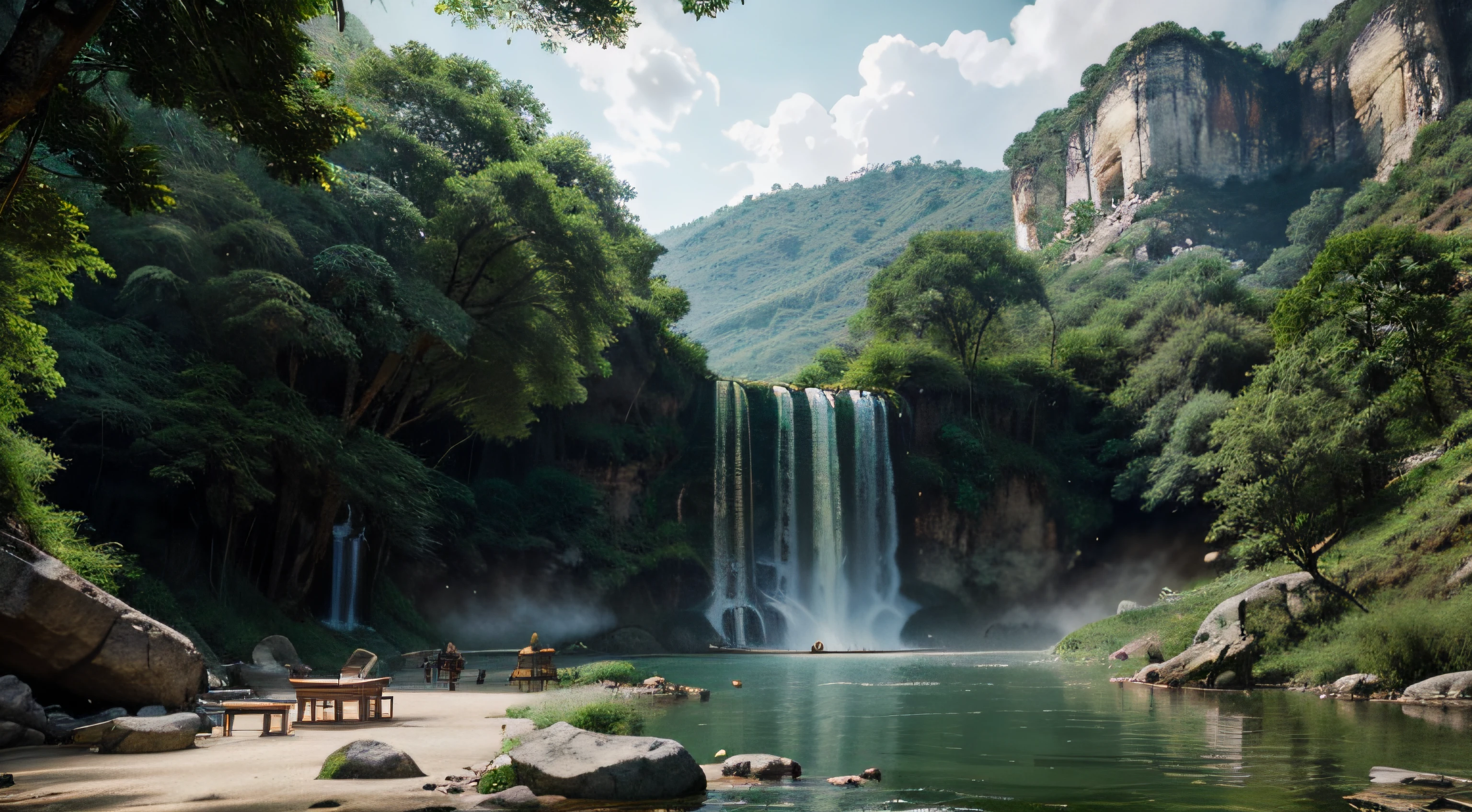 Chinese ancient times, spring, jungle, lake, cave, waterfall, tree, meadow, rock, deer, hot spring, water vapor, epic composition, realistic lighting, HD details, masterpiece, best quality, (very detailed )