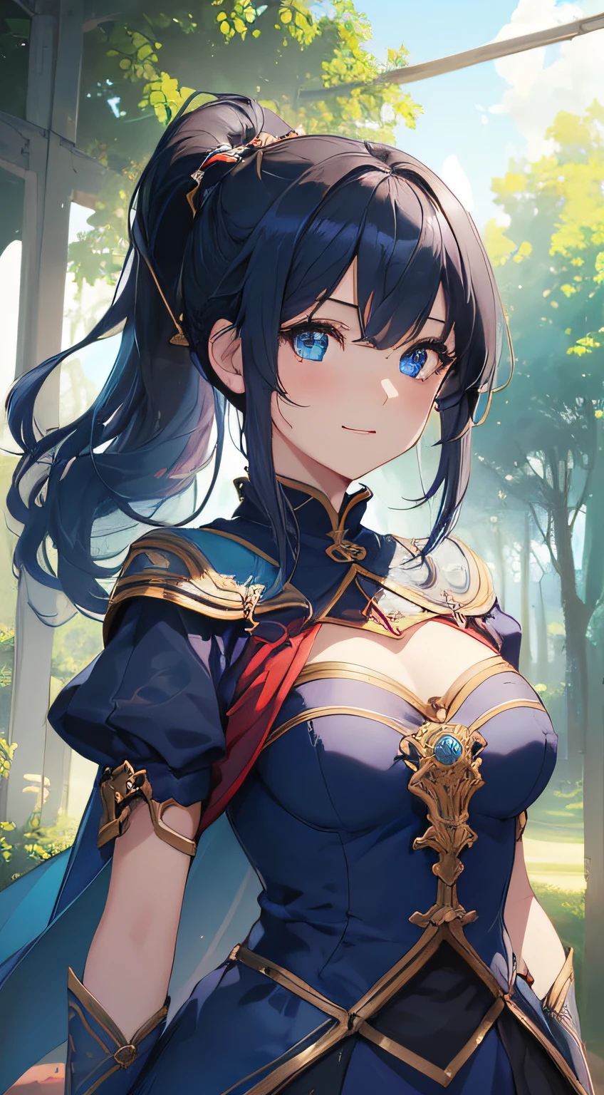 top-quality、Top image quality、​masterpiece、girl with((cute little、18year old、Best Bust、Medium bust、Bust 85,Beautiful blue eyes、Breasts wide open,Ponytail with black hair、A slender、Blue hair mesh、white t-shirts,red cloak、falda corta,Laugh、Leaning forward、Hands behind your back、levitation)）hiquality、Beautiful Art、Background with((blue-sky、mid air)),masutepiece、Elaborate design、visualart、depth of fields、The best lighting、highestdetailed、8ｋ