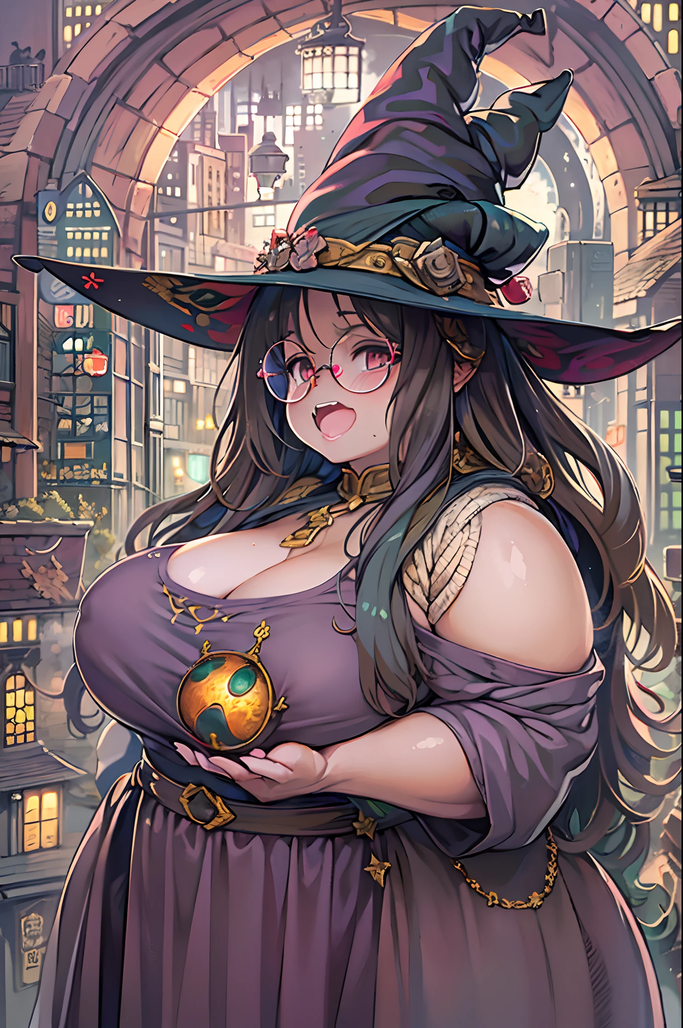 Fantasy,magic power,Realistic Girl Witch、bbw、huge-breasted、Anime style、Round glasses、Medieval cityscape