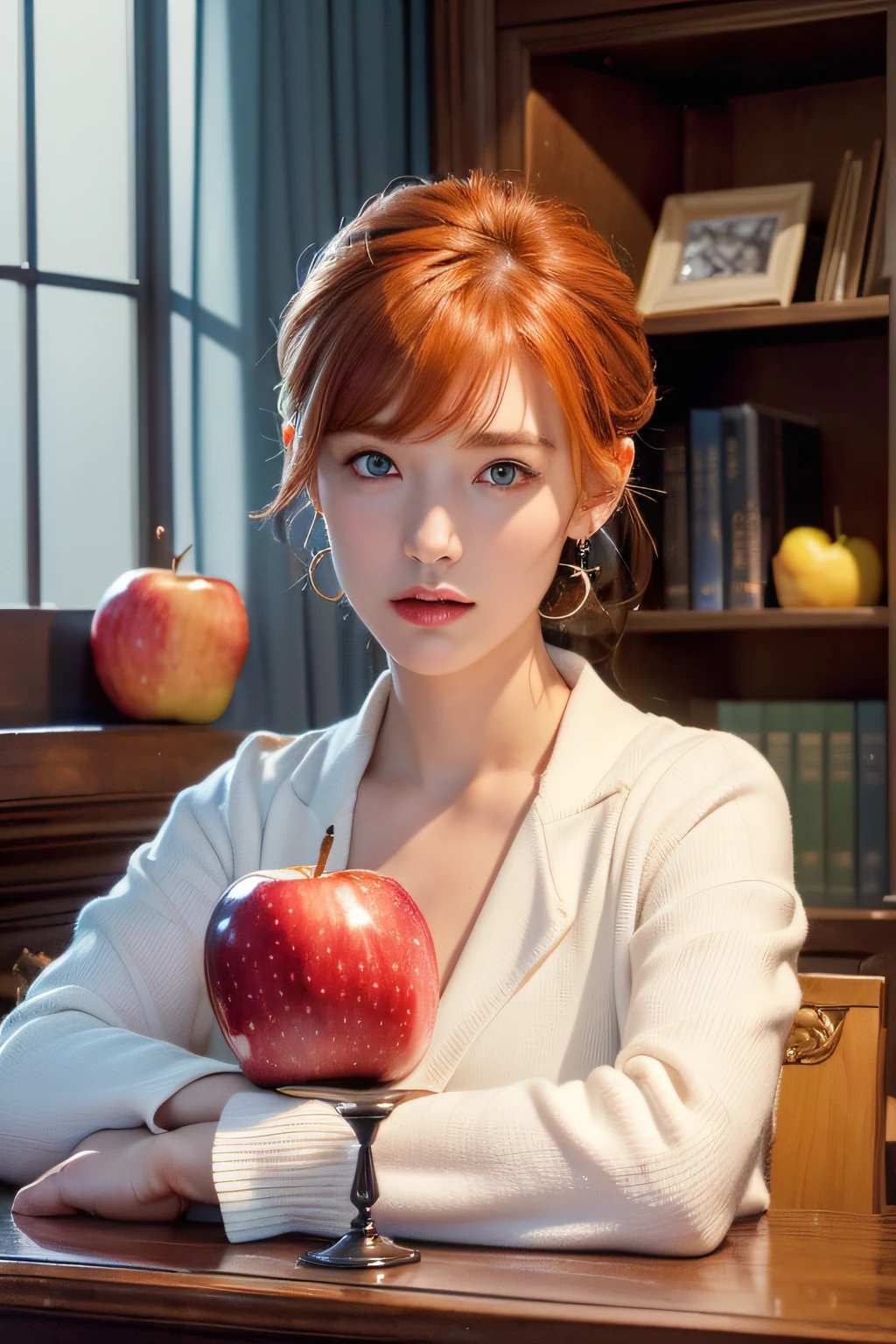 ((Body Portrait、Best Quality, (masutepiece:1.2), Illustration, absurderes, (1girl in, Solo), (Beautiful detailed girl), ((Upper body, Portrait)),, Neck Macmillan, Short hair, Orange hair, Blue eyes, medium breasts, Blue Crystal Earrings, White jacket, , Cool, Calm, Looking at Viewer,, In an elegant bedroom, Night, window, drapes, Starry sky, apples, bookcase, nightstand, vases, desk work, Body Portrait、​masterpiece, top-quality, hightquality, hight resolution