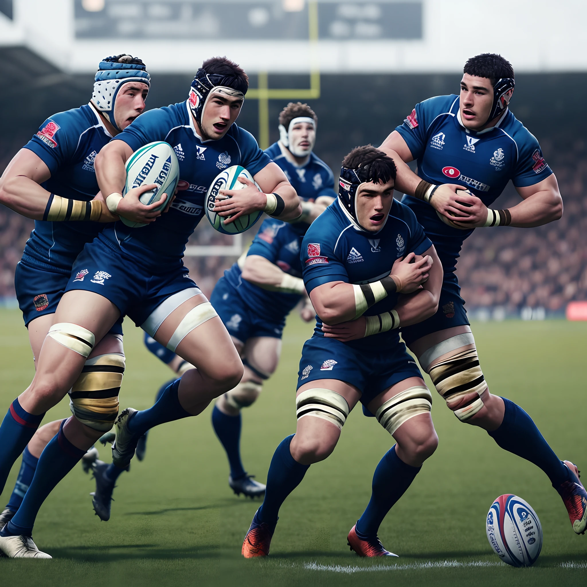 Men play rugby with football