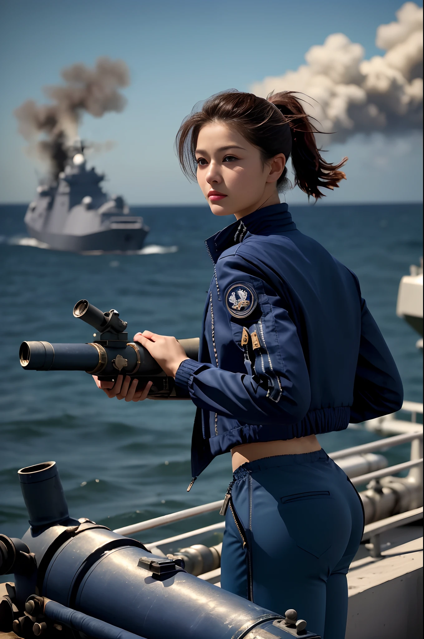 [((on warship deck,1 beautiful girl,Extremely exquisite facial details,short ponytail,Big watery eyes,small face,pale and flawless skin,Exquisite makeup,(Navy Blue zipped-up jacket:1.3),(navy blue pants:1.3),slim,alert,(Holding a cannon barrel with both hands:1.3),Aiming and shooting,from everywhere))],
masterpiece,highres, highest quality,intricate detail,best texture,realistic,8k,soft light,perfect shadow,
sea,sunny,cloudy,wind,wet, 
Age Of Wind,naval battle,conflict,bombard.firing,Smoke emitting from distant warships