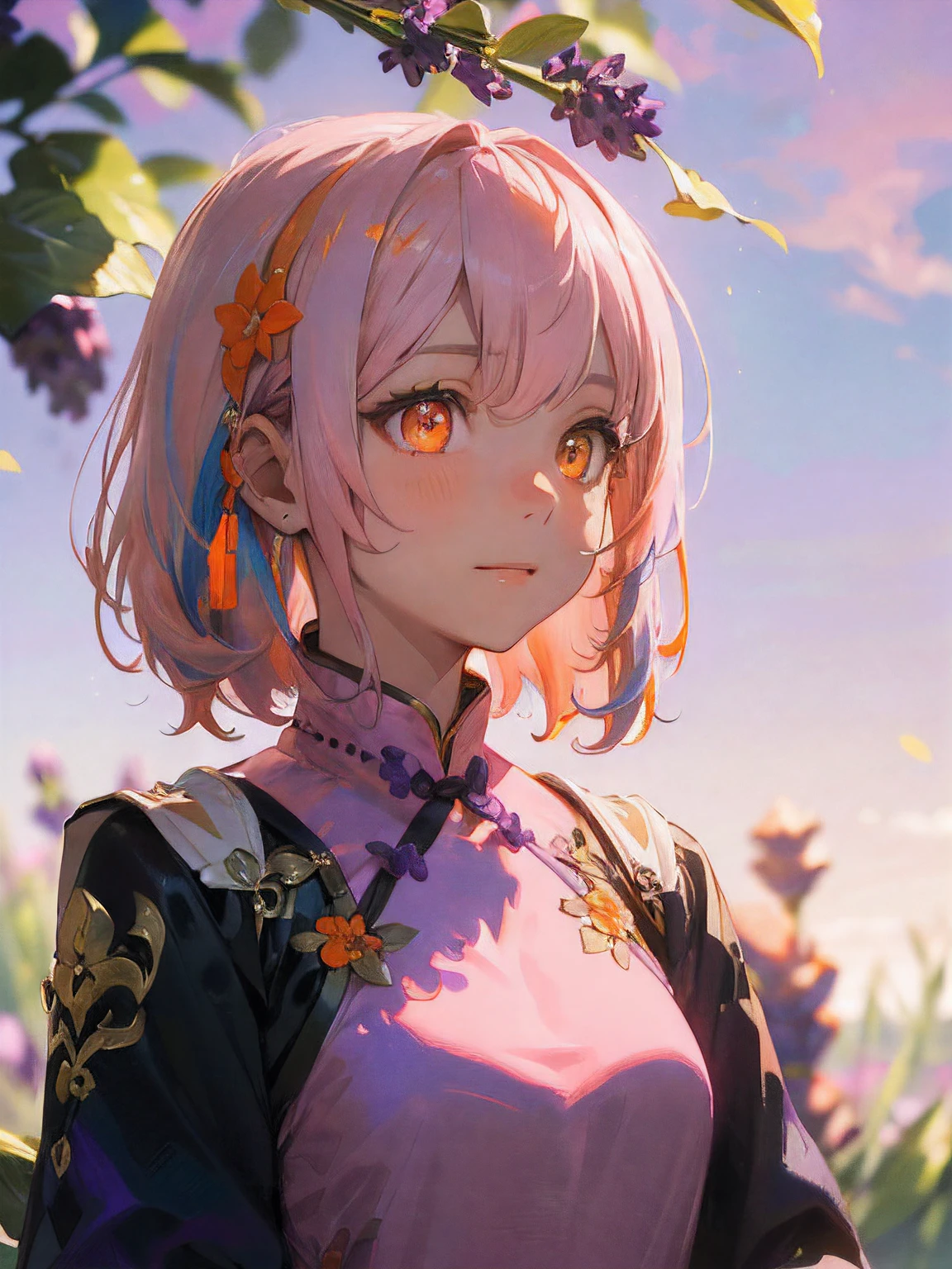 a 19 yo girl , (( Light Pink Hair:1.5)), (hi-top fade:1.3) , dark themed , Muted Tones , Subdued Color , highly contrast , (natural skin textures , Hyper-Realism , Soft light , sharp) , ((Lavender Purple innovative ao dai:1.5)) , (Secondary colors of innovative ao dai clothes is Vista Blue) ,( Pink Lavender lotus shaped hair clip ), (Sky Blue accessory) , (((shoulder-length hair)) , (bright orange eyes:1.5) , (beautiful detailed eyes), focus on the face , opposite shot , full head,(bright orange eyes:1.5) , upper body , ((Positive emotion:1.5))