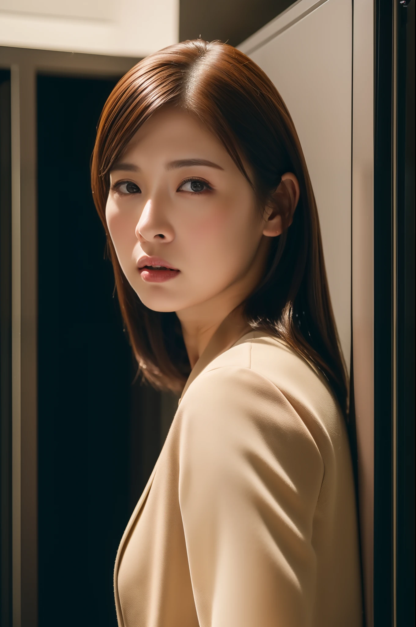 ((Top Quality, 8k, Masterpiece: 1.3, photorealistic)), (close up:1), (looking at the viewer), Milf and attractive woman, business wear, curvy:0.5, l angry, nobody locker room,