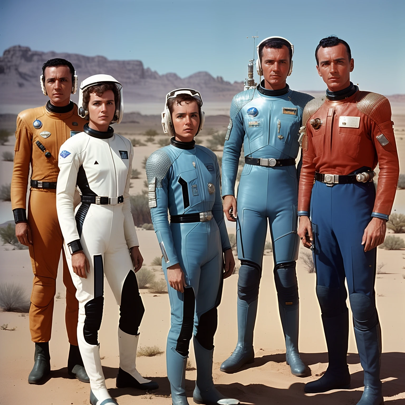 Image of a group of people in spacesuits standing in a desert, 1 9 6 0's sci - fi, vintage sci-fi, Sci Vintage - Fi, Retro Sci - Imagem de FI, Sci Retro - Fi, retro science fiction, retro science fiction, Sci-fi dos anos 70, 1 9 7 0 s sci - fi, scientific fiction
